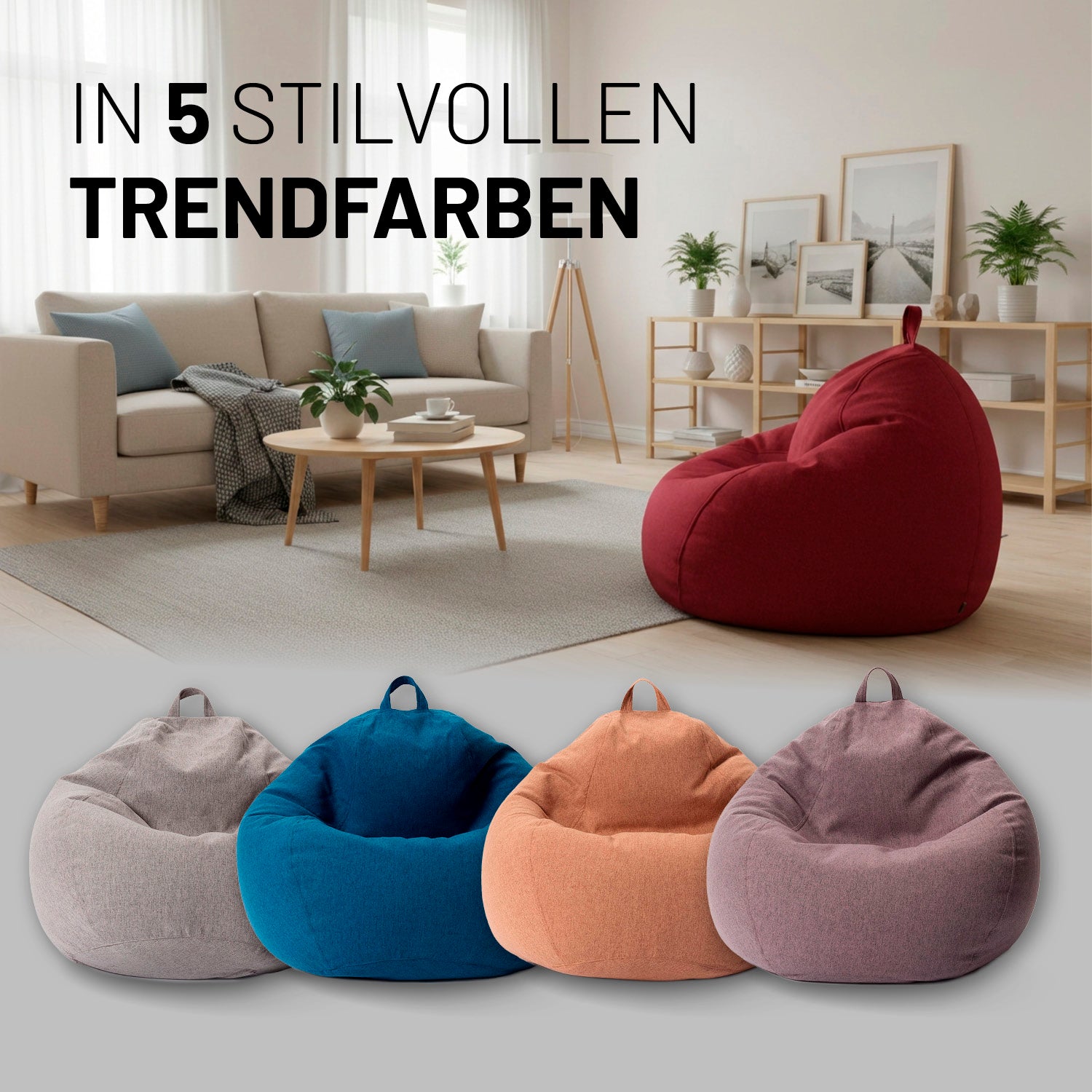 Comfort Line Sitzsack XXL (315 L) - indoor - Rot in modernem Wohnzimmer mit weiteren Sitzsäcken in verschiedenen Farben.
