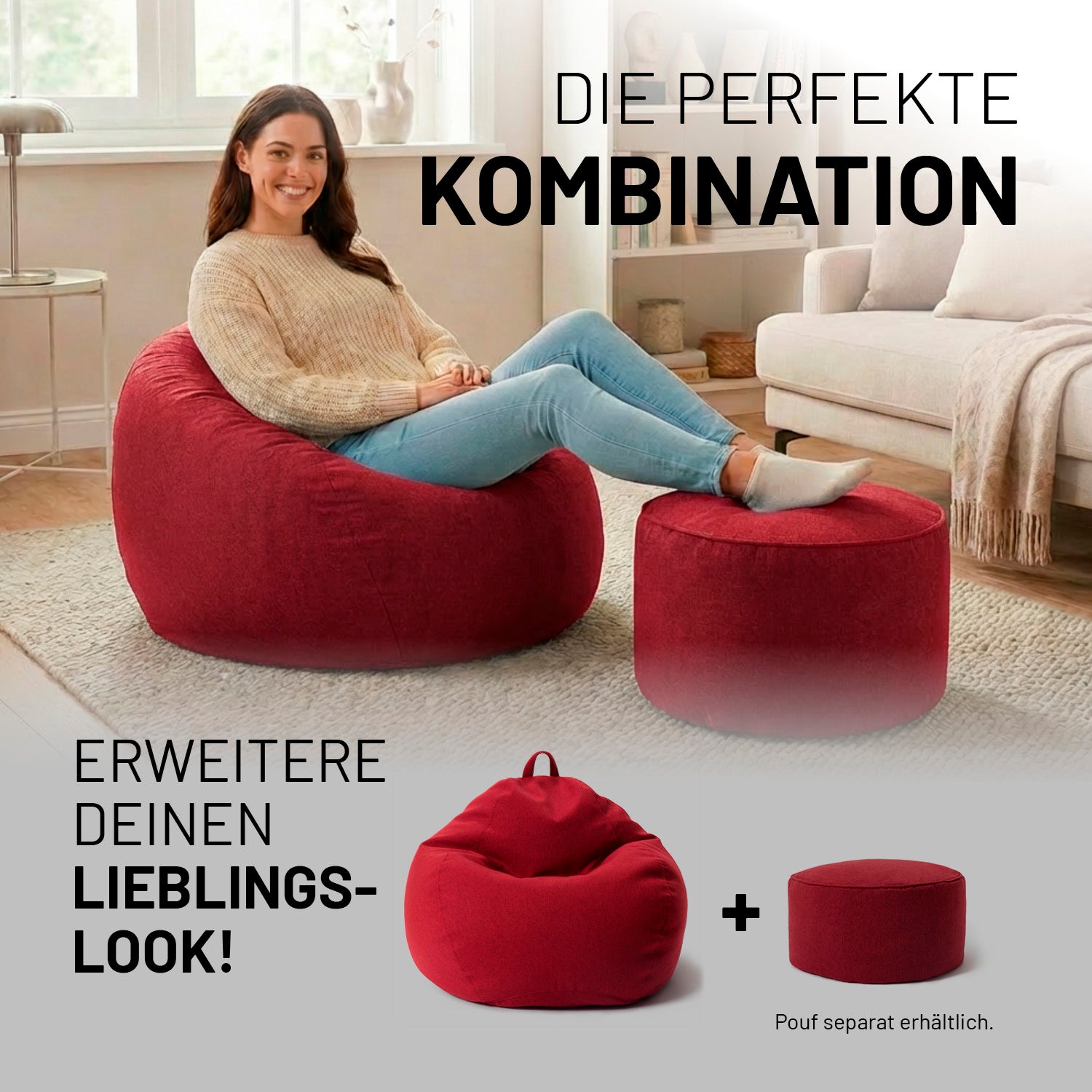 Comfort Line Sitzsack XXL (315 L) - indoor - Rot mit passendem Pouf in modernem Wohnzimmerambiente