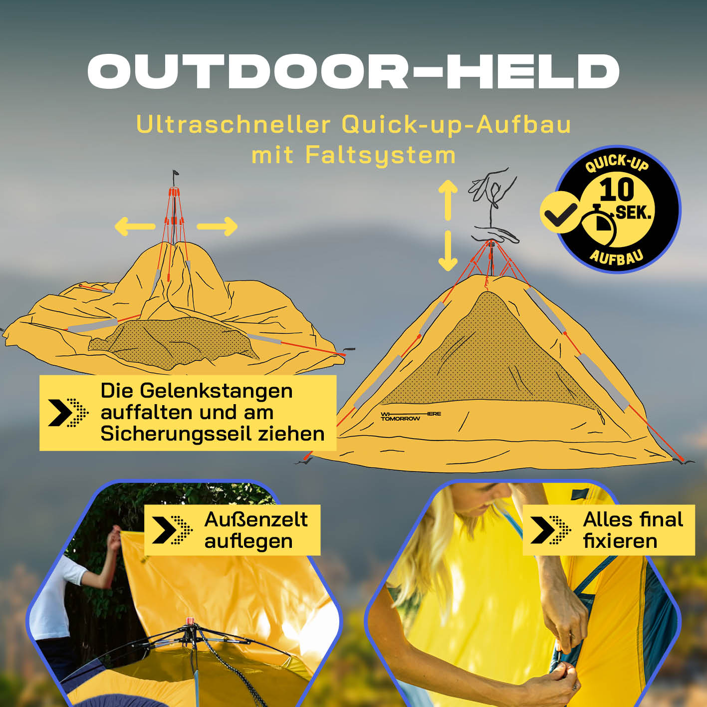 Pop up Wurfzelt für 3 Personen - Gelb