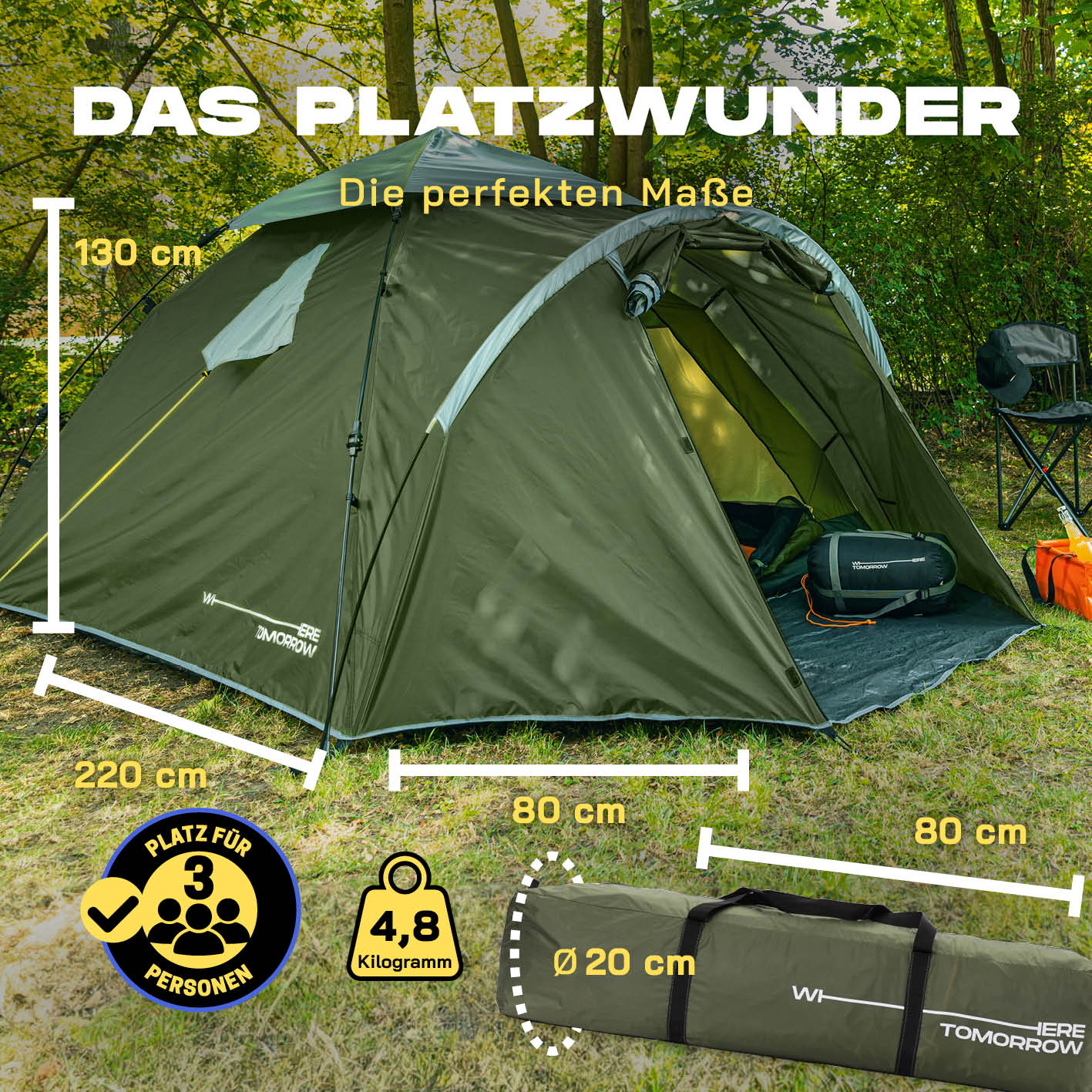 Pop up Familienzelt für 3 Personen - ca. 220 x 220 x 130 cm - Grün