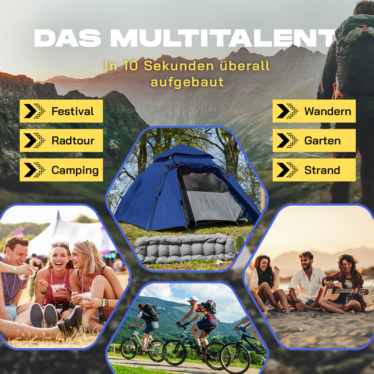 Pop up Kuppelzelt für 3 Personen - Blau