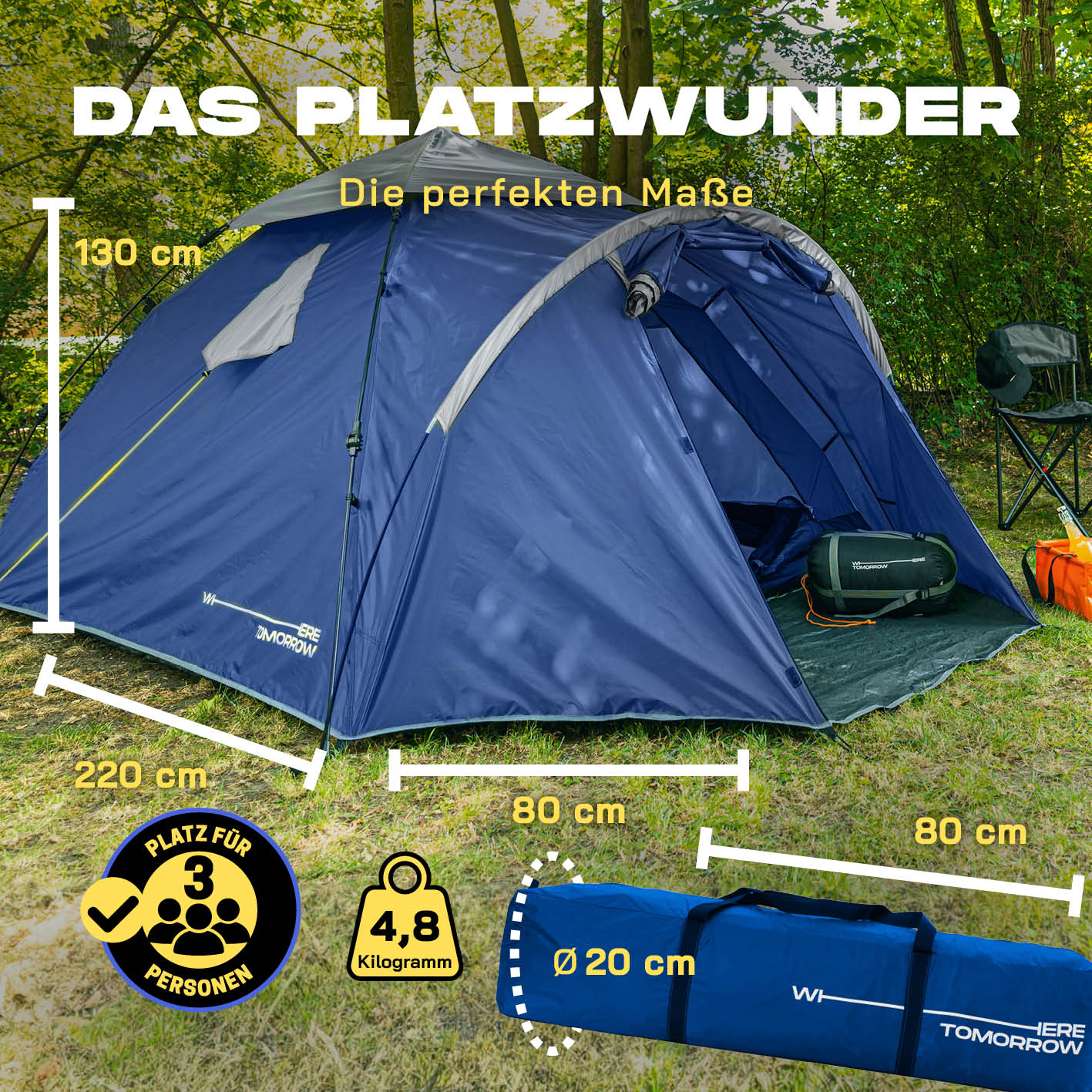 Pop up Familienzelt für 3 Personen - ca. 220 x 220 x 130 cm - Blau