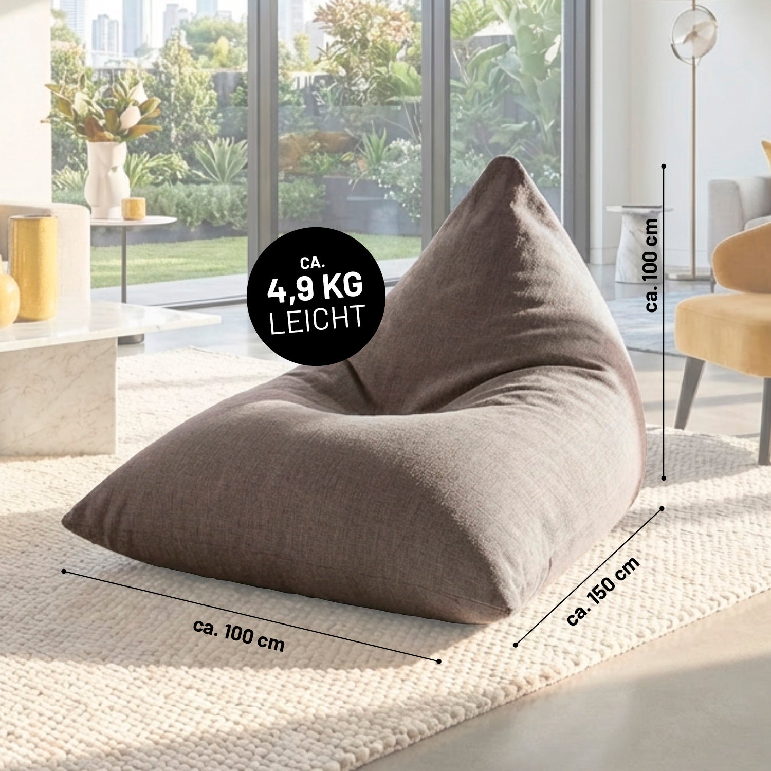 Sitzsack Interior Line (370 L) - indoor - Hellgrau in Dreiecksform, leicht, 100x150x100 cm, moderner Sitz- und Liegesitzsack in Leinenoptik