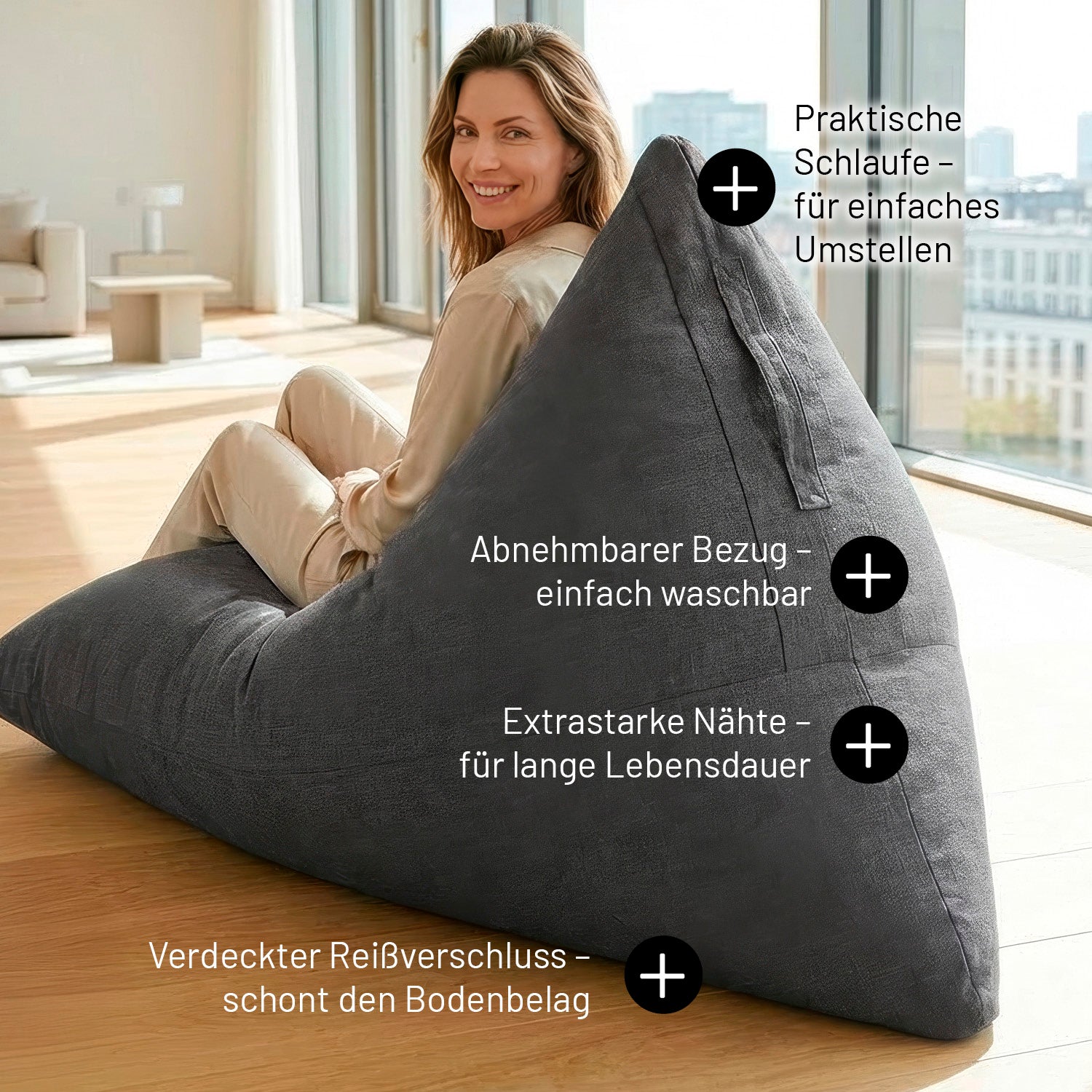 Sitzsack Interior Line (370 L) - indoor - Dunkelgrau in Dreiecksform mit abnehmbarem Bezug und robusten Nähten im modernen Innenraum.