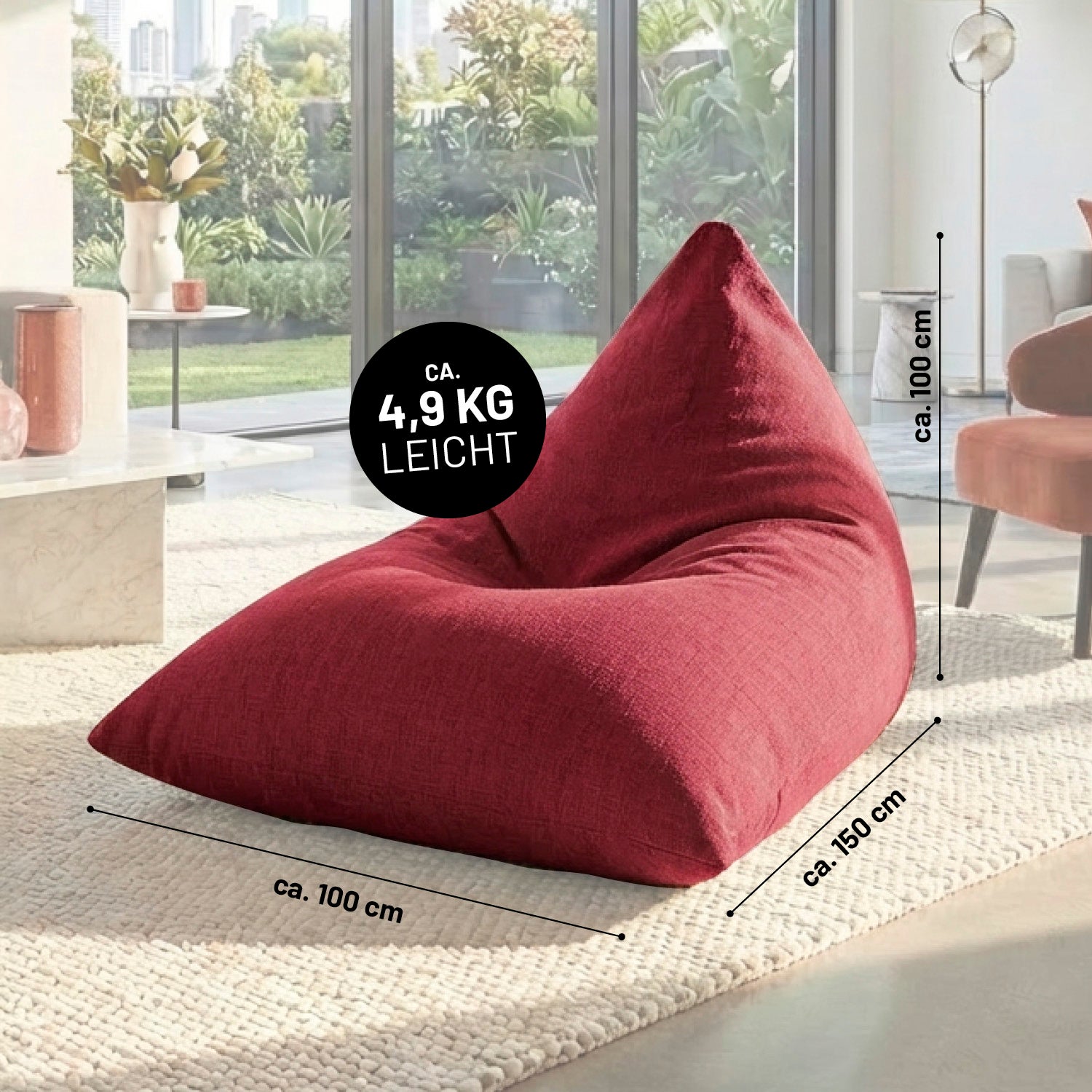 Sitzsack Interior Line (370 L) - indoor - Rot in dreieckiger Form, leichter Stoff, perfekt für modernes Wohnzimmerambiente.