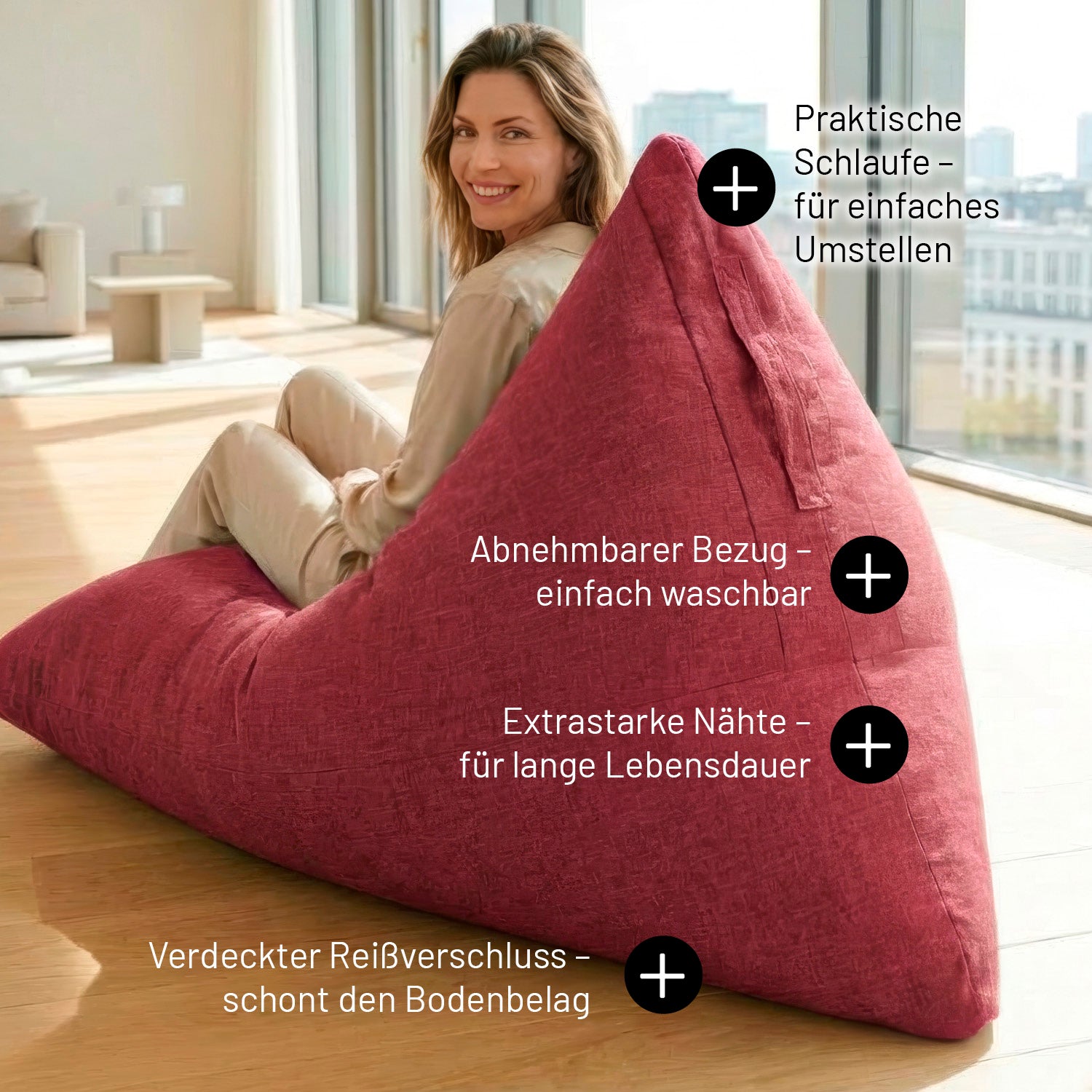 Sitzsack Interior Line (370 L) - indoor - Rot, dreieckiger Sitzsack mit abnehmbarem Bezug und praktischer Schlaufe zum Umstellen