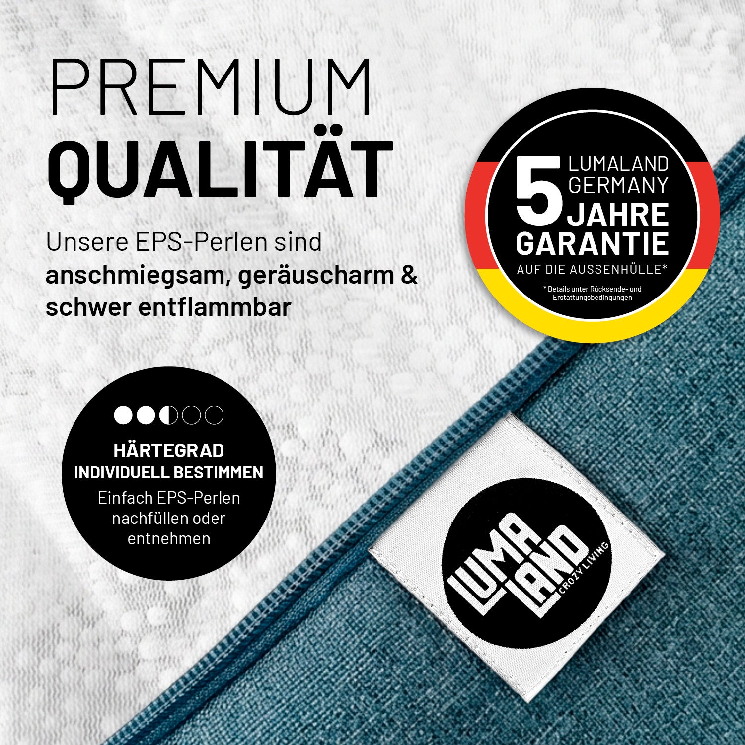 Detailaufnahme Sitzsack Interior Line (370 L) - indoor - Aqua mit hochwertiger Naht und LUMALAND Logo sowie Garantiehinweis