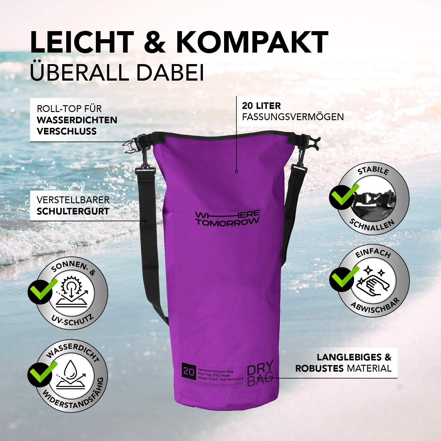 Dry Bag 20L - Style 01 - Lila, wasserdichter Rolltop-Rucksack mit UV-Schutz, verstellbarem Schultergurt und robustem Material, ideal für Outdoor-Abenteuer.