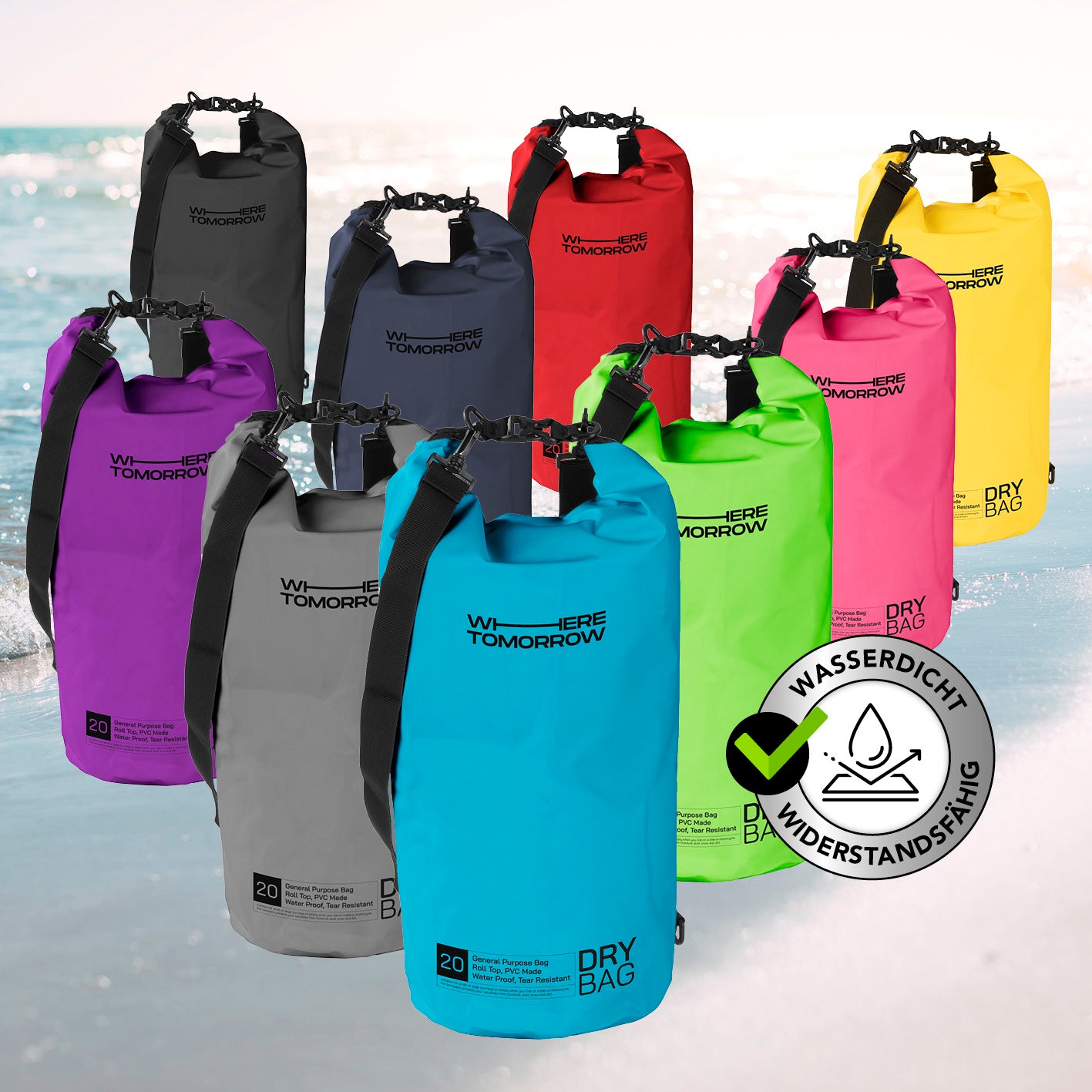Dry Bag 20L - Style 01 - Himmelblau, wasserfester Outdoor-Rucksack mit Rolltop-Verschluss und verstellbarem Schultergurt, robust und UV-geschützt.