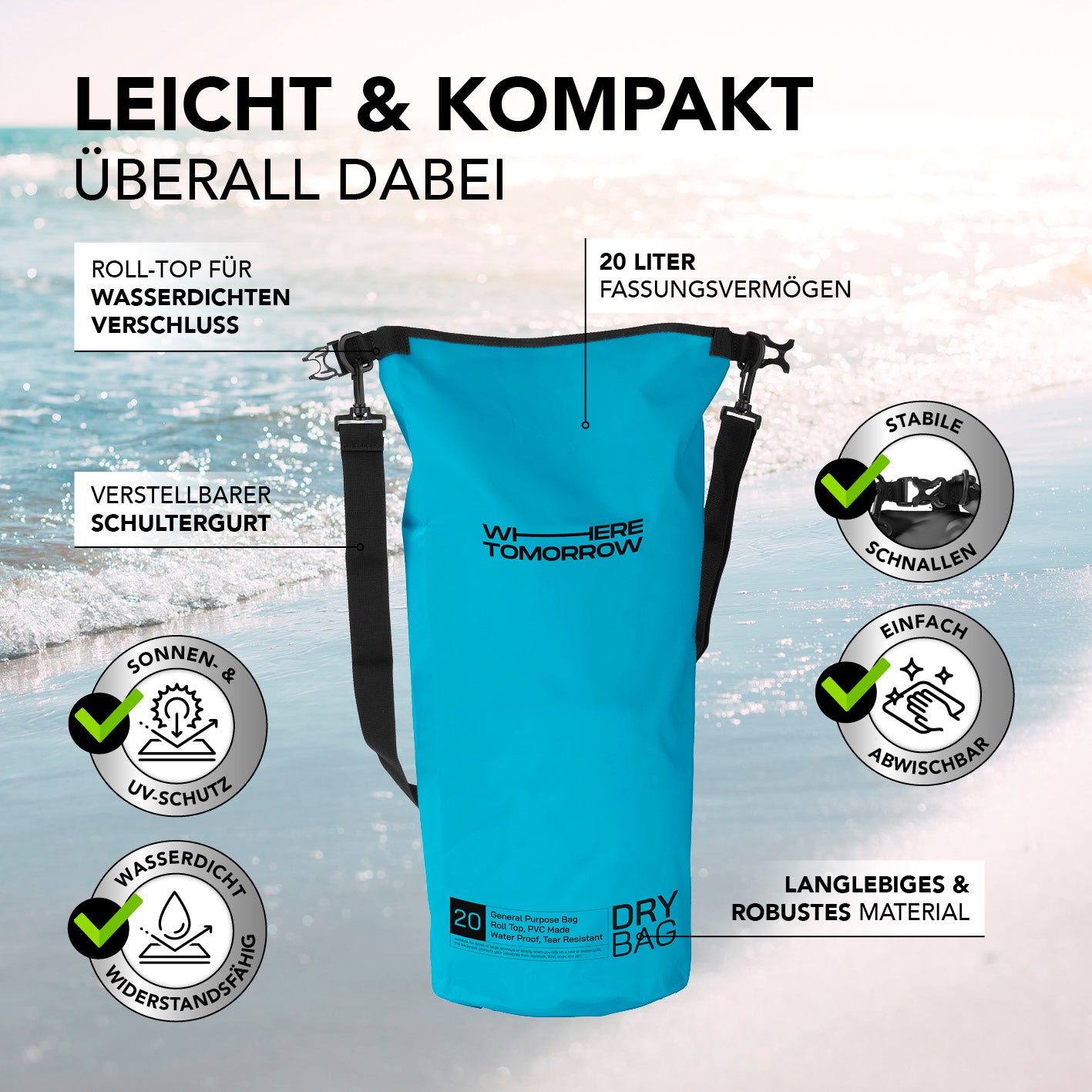 Dry Bag 20L - Style 01 - Himmelblau, wasserfester, robuster Outdoor-Rucksack mit Rolltop und verstellbarem Schultergurt.