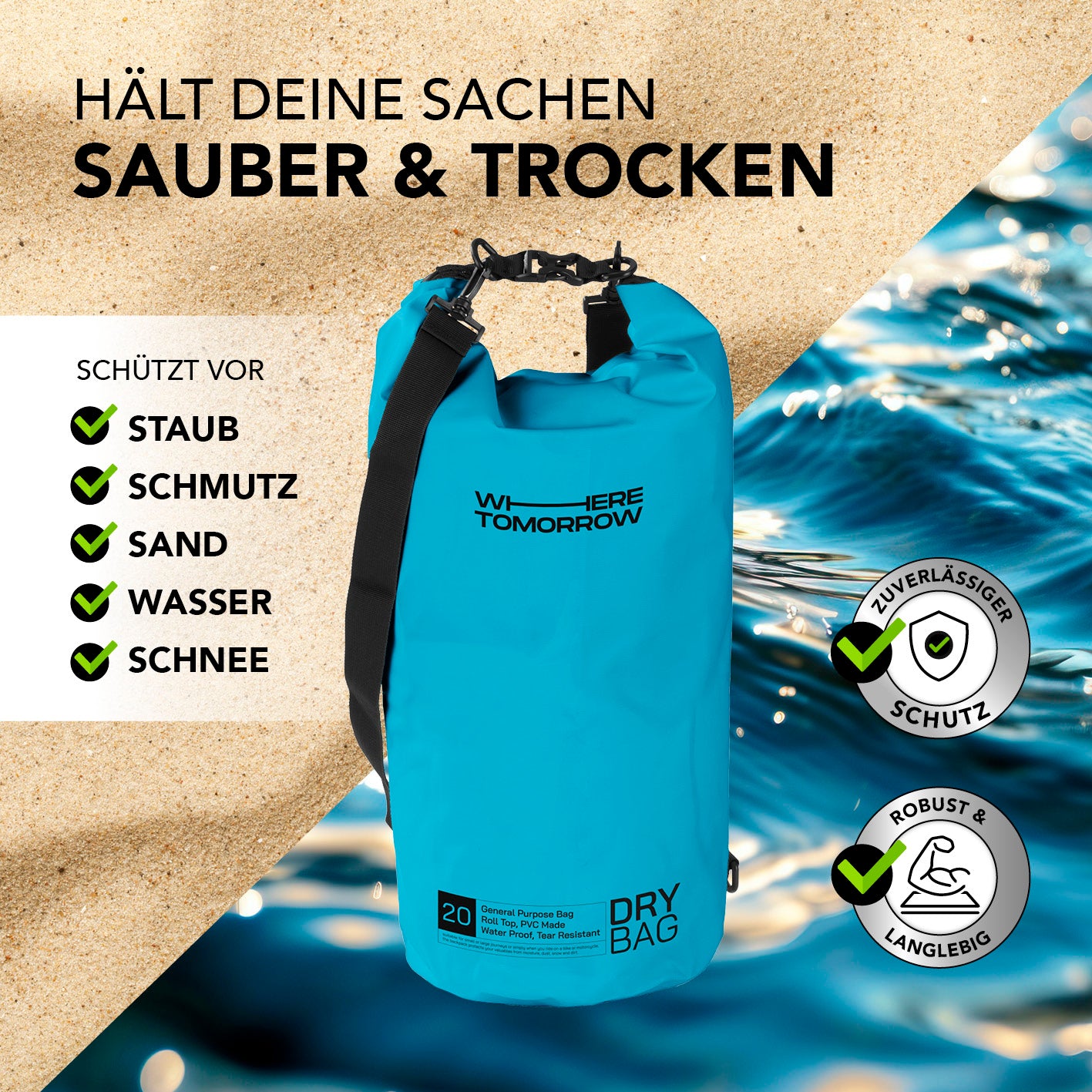 Dry Bag 20L - Style 01 - Himmelblau, wasserdichter Rucksack schützt zuverlässig vor Staub, Sand, Wasser und Schnee.
