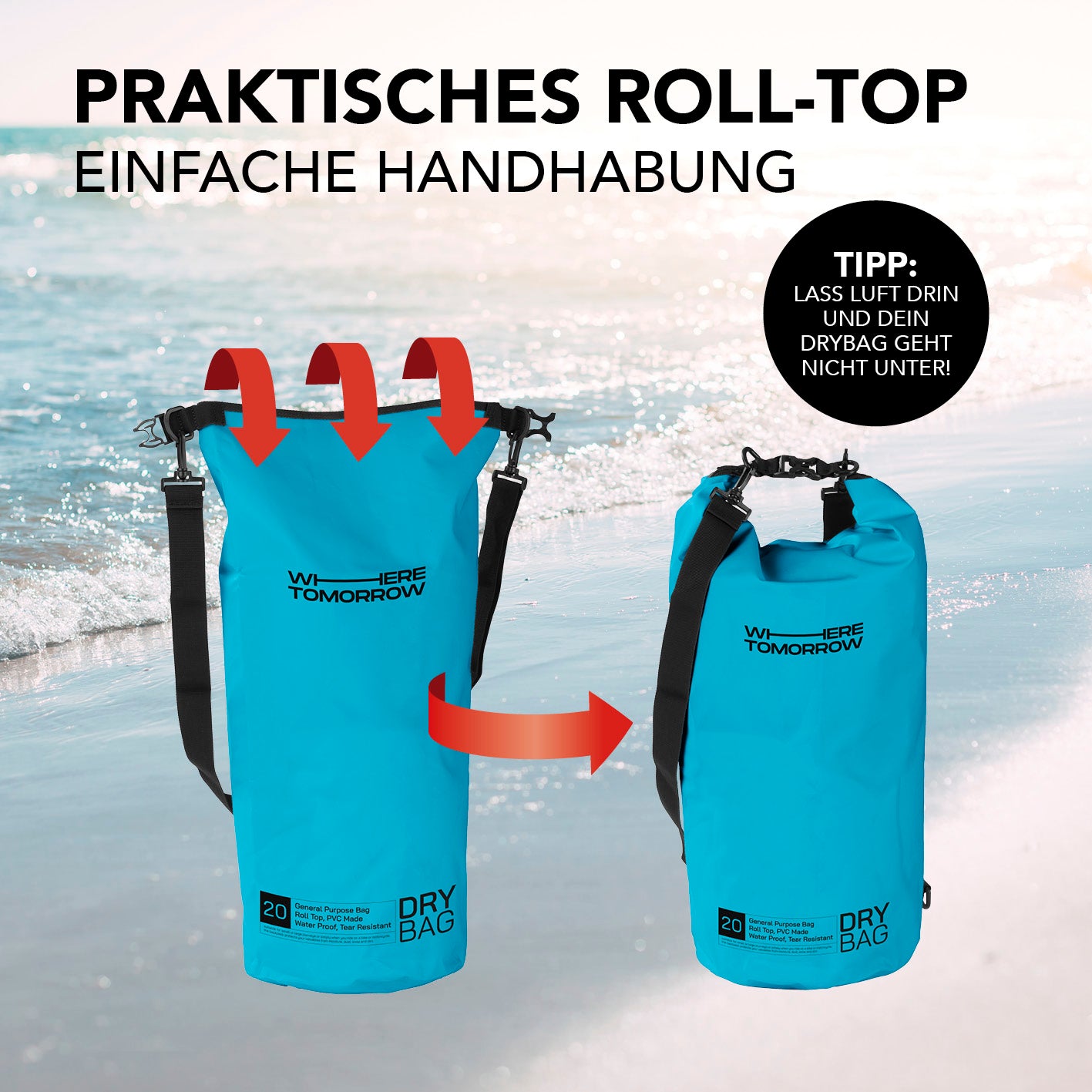 Dry Bag 20L - Style 01 - Himmelblau mit wasserdichtem Rolltop-Verschluss und verstellbarem Schultergurt für Outdoor-Abenteuer.