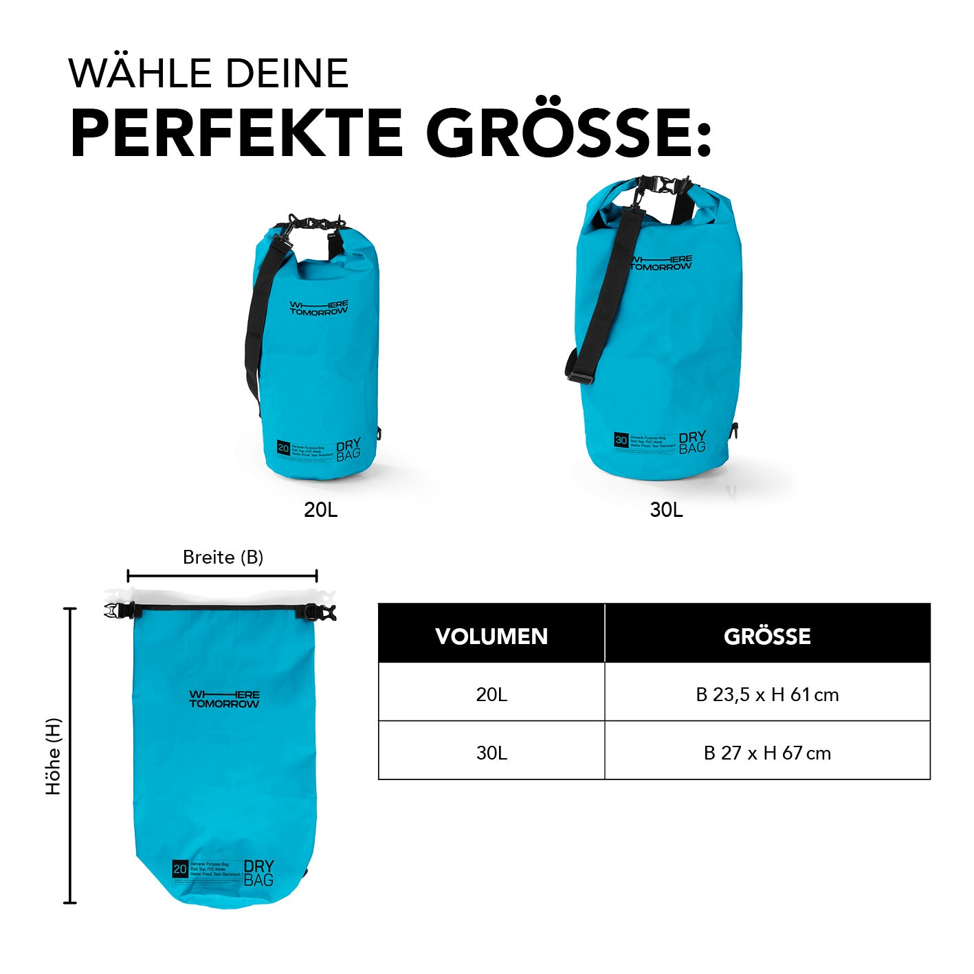 Dry Bag 20L - Style 01 - Himmelblau, wasserdichter, robuster Outdoor-Rucksack mit verstellbarem Schultergurt und Rolltop-Verschluss.