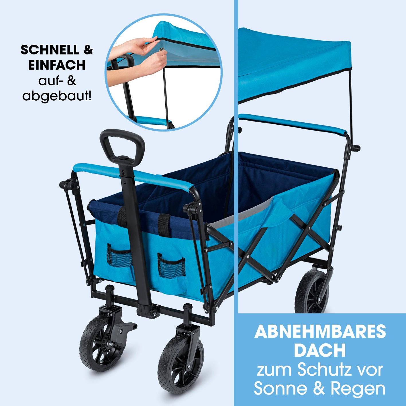 Bollerwagen faltbar - blau mit abnehmbarem Dach und stabilem Stahlrohrrahmen in quadratischem Bild, Galerie Position 3.