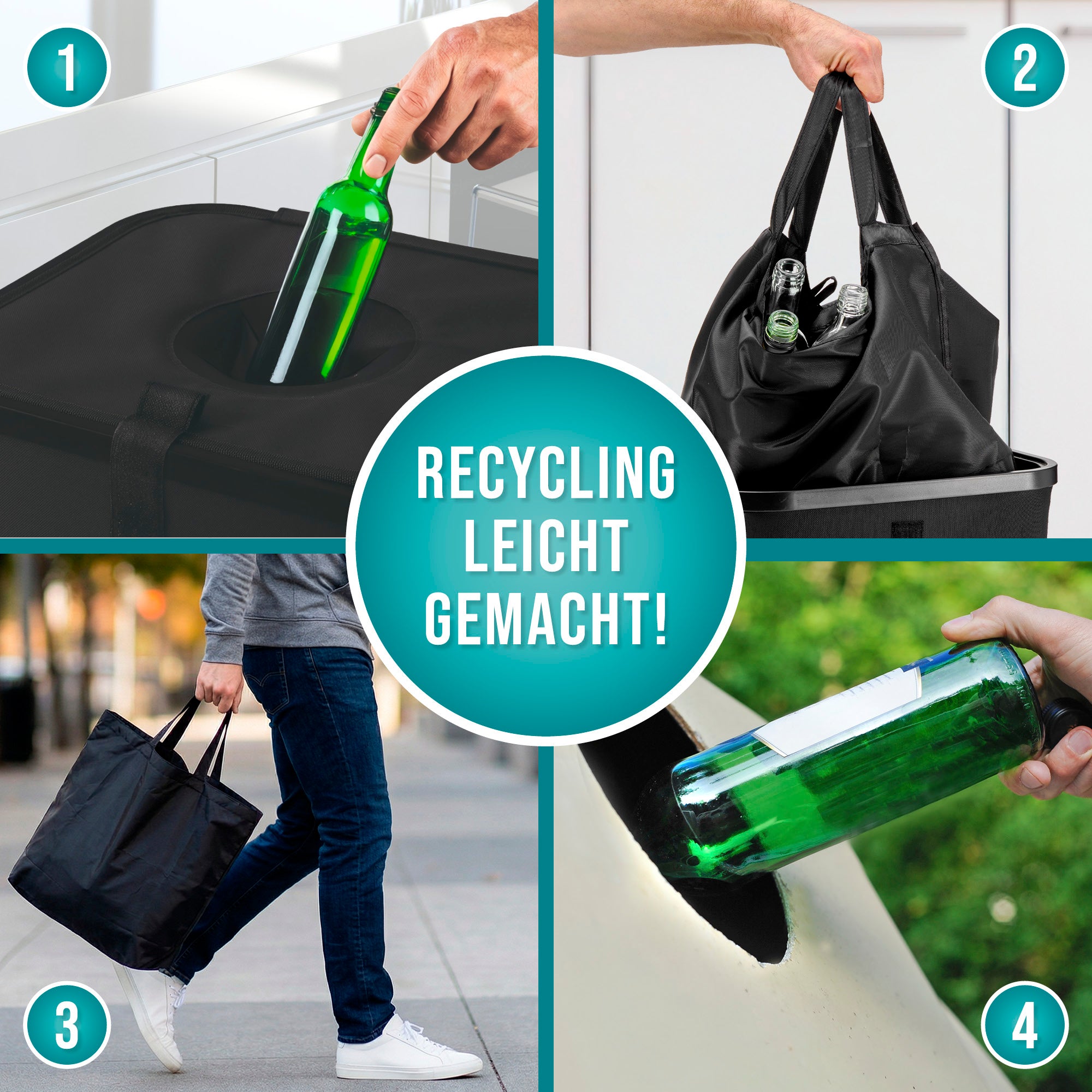 Glas- & Leergutsammler - 100 l - 25 kg max. Gesamtlast mit Softbase-Boden und praktischer Tasche zum Sammeln und Tragen von Glasflaschen.