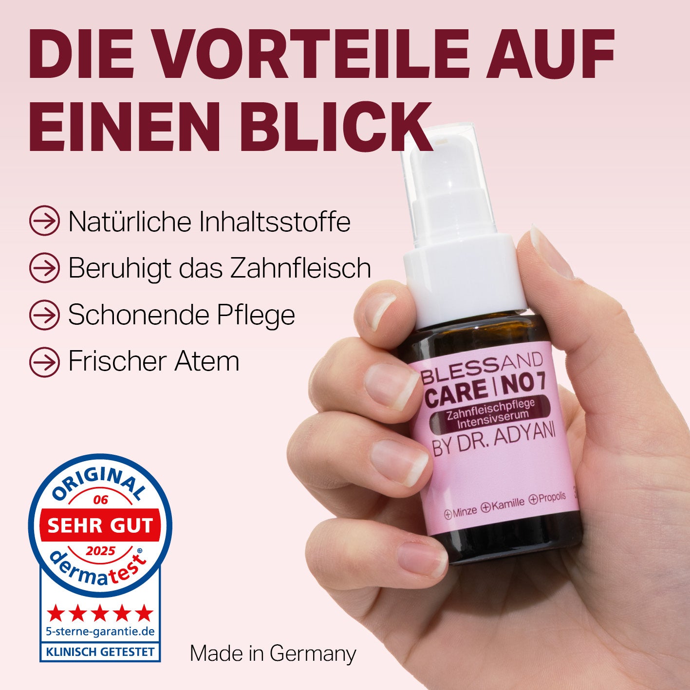 Zahnfleischgel Intensivserum No.7 by Dr. Adyani, 30 ml, zeigt beruhigende, natürliche Pflege zur Unterstützung gesunden Zahnfleischs und frischen Atems.