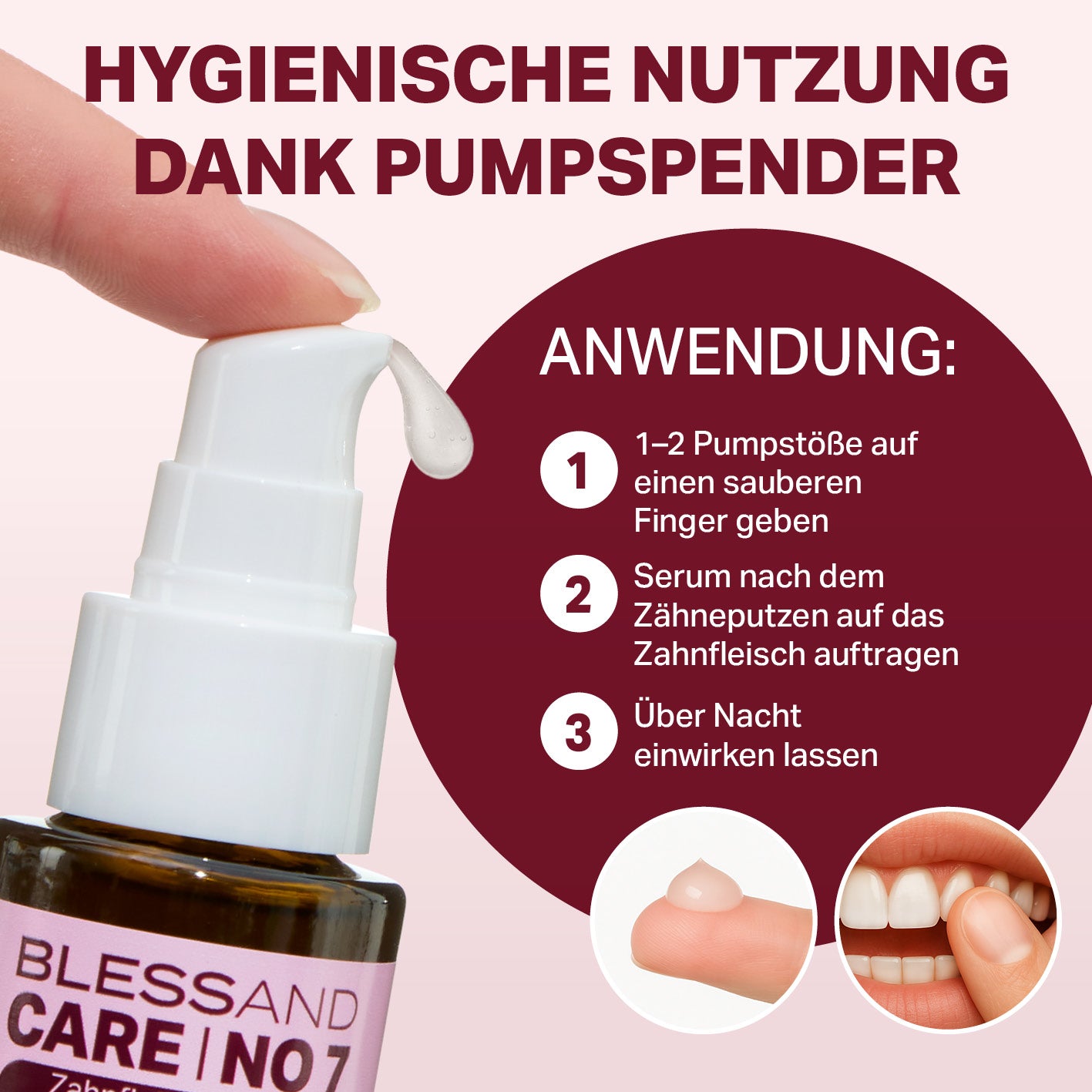 Zahnfleischgel Intensivserum No.7 by Dr. Adyani, 30 ml, zeigt hygienische Anwendung mit Pumpspender und Anweisungen zur Pflege des Zahnfleischs.