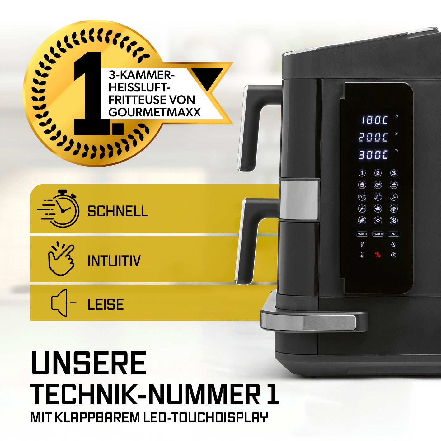 FryUp3 Vertikale 3-Kammer-Heißluftfritteuse - 13,4 l - inkl. HighHeat-Ofenschublade