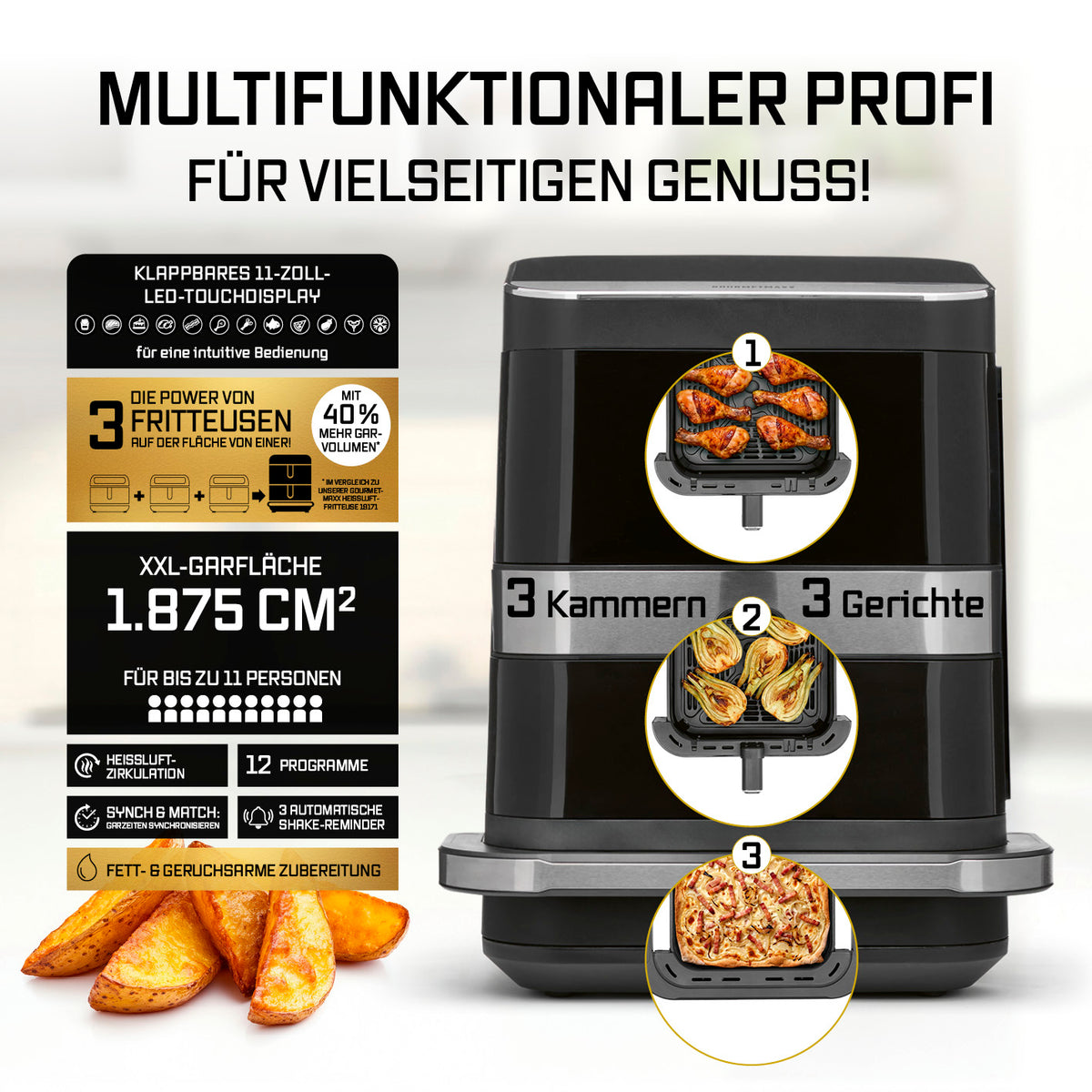 FryUp3 Vertikale 3-Kammer-Heißluftfritteuse - 13,4 l - inkl. HighHeat-Ofenschublade mit 3 separaten Kammern und klappbarem LED-Touchdisplay.