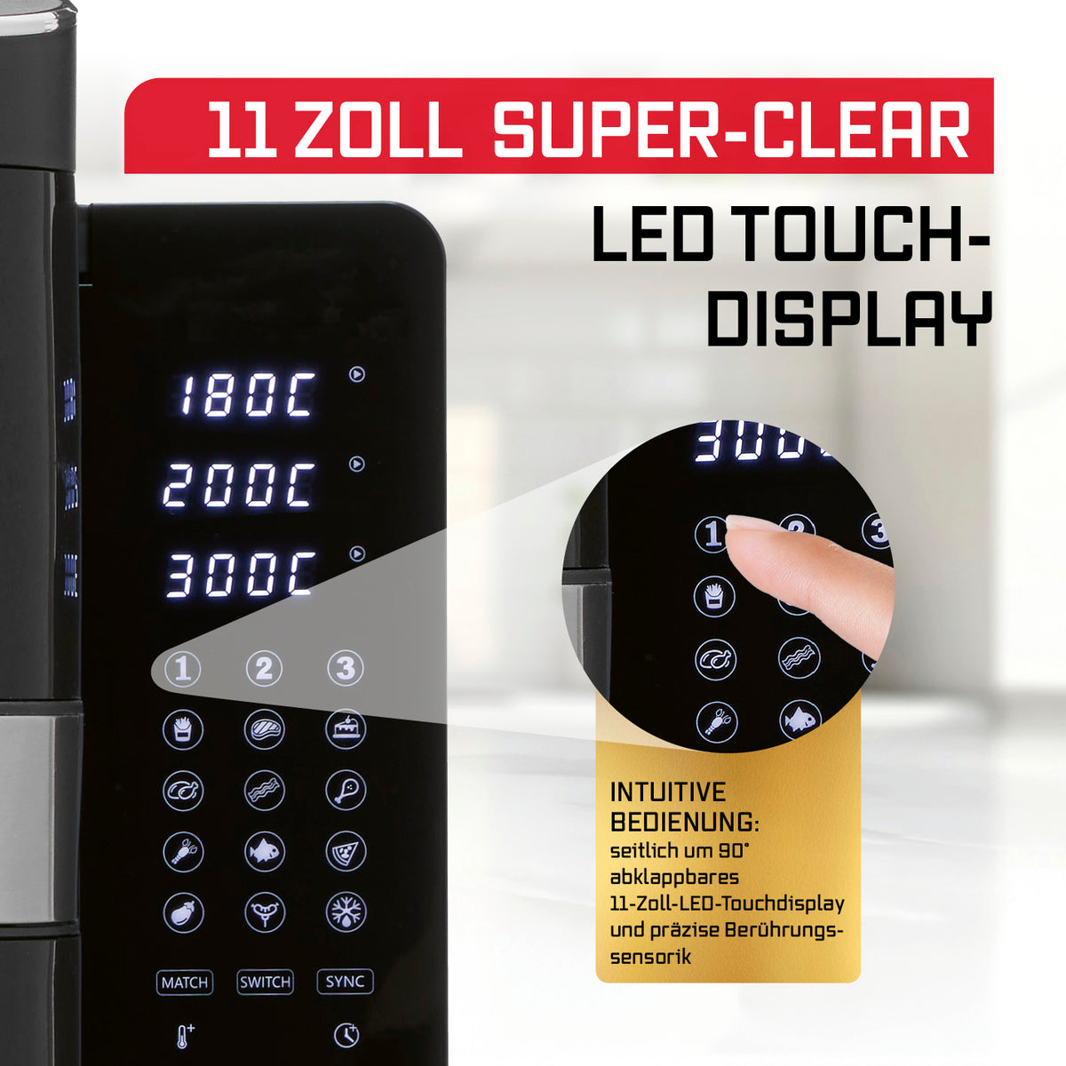 FryUp3 Vertikale 3-Kammer-Heißluftfritteuse - 13,4 l - inkl. HighHeat-Ofenschublade mit klarem 11-Zoll LED-Touchdisplay und intuitiver Bedienung.