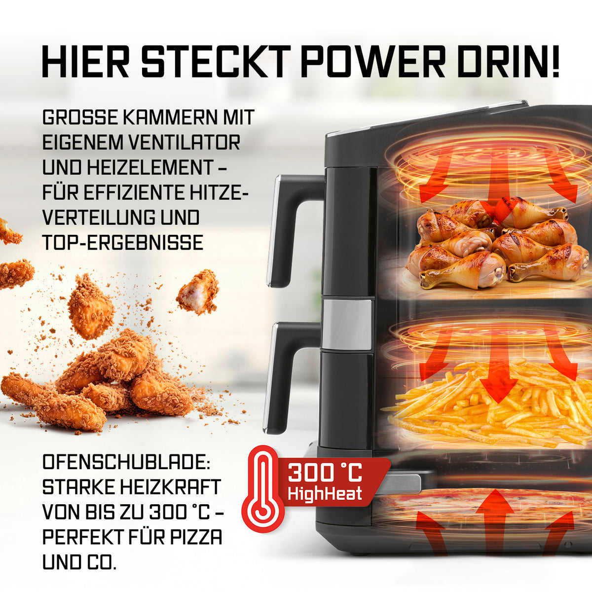 FryUp3 Vertikale 3-Kammer-Heißluftfritteuse - 13,4 l - inkl. HighHeat-Ofenschublade mit großem Heizsystem für gleichmäßige Hitze bis 300°C.