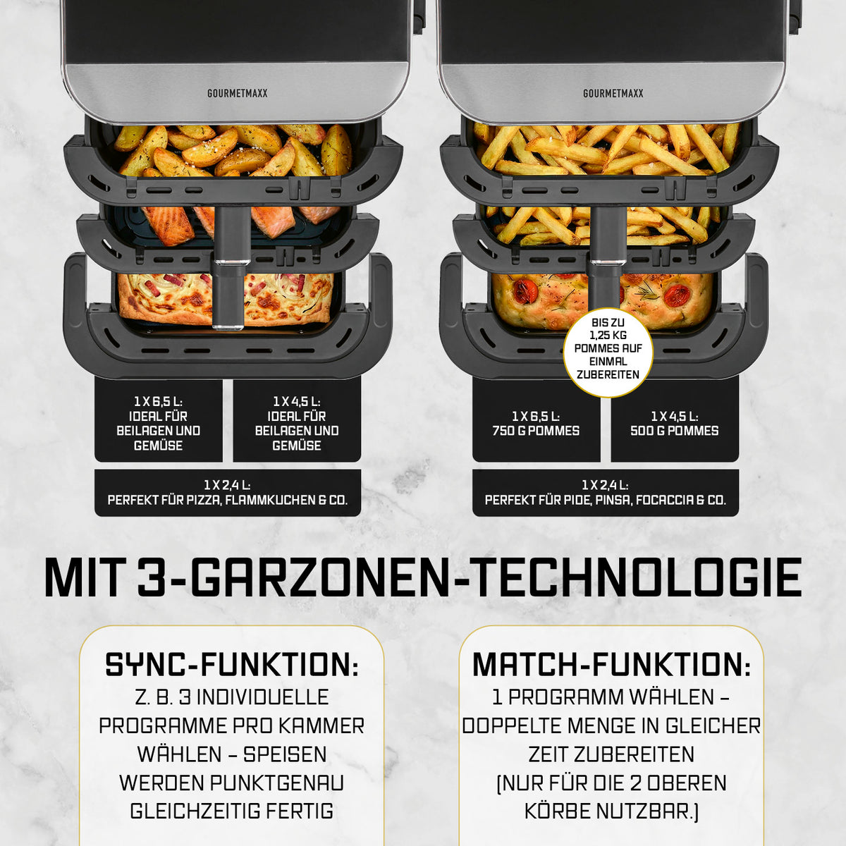 FryUp3 Vertikale 3-Kammer-Heißluftfritteuse - 13,4 l - inkl. HighHeat-Ofenschublade mit drei separaten Garzonen für unterschiedliche Speisen gleichzeitig.