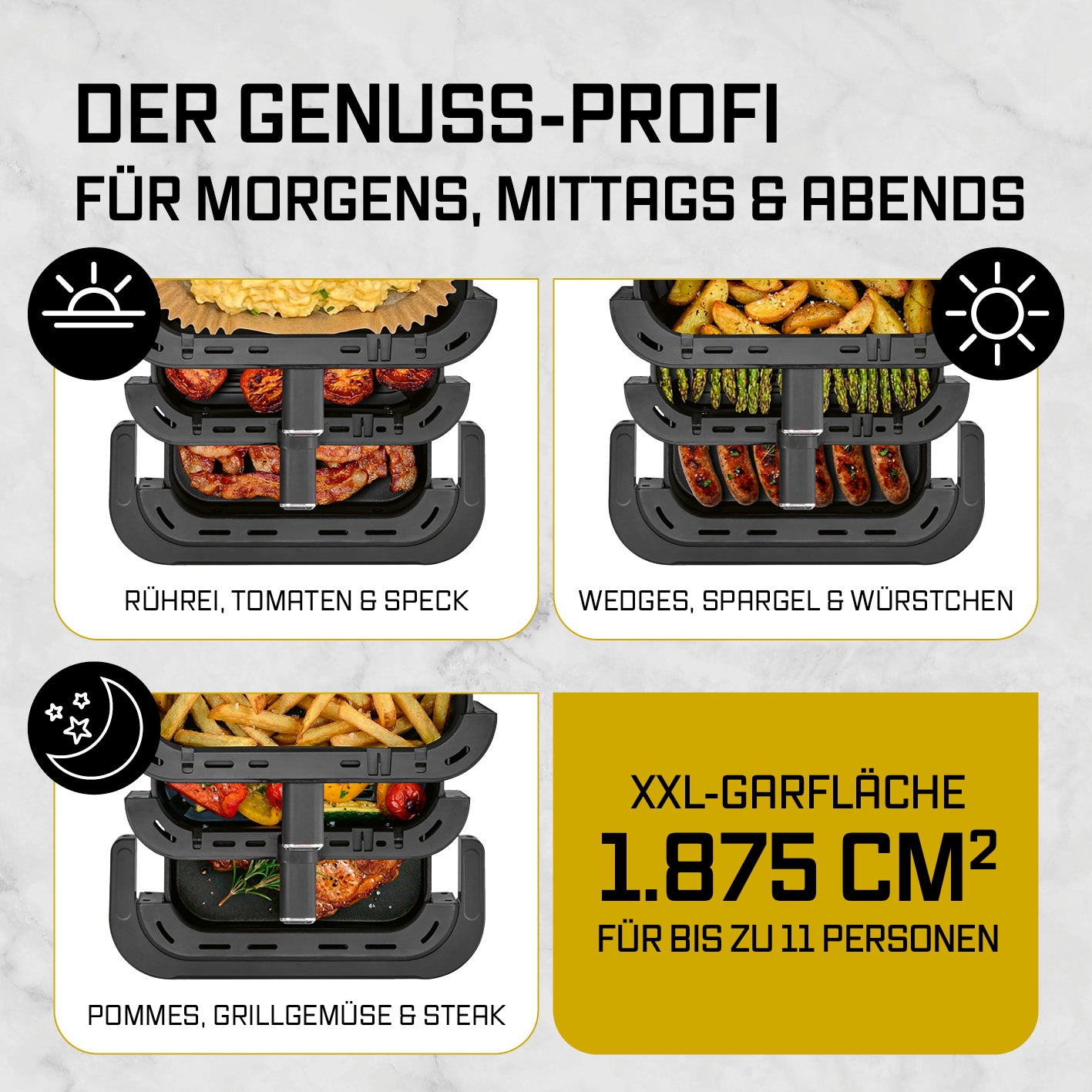 FryUp3 Vertikale 3-Kammer-Heißluftfritteuse - 13,4 l - inkl. HighHeat-Ofenschublade mit drei getrennten Garzonen für vielfältige Mahlzeiten vom Frühstück bis Abendessen.