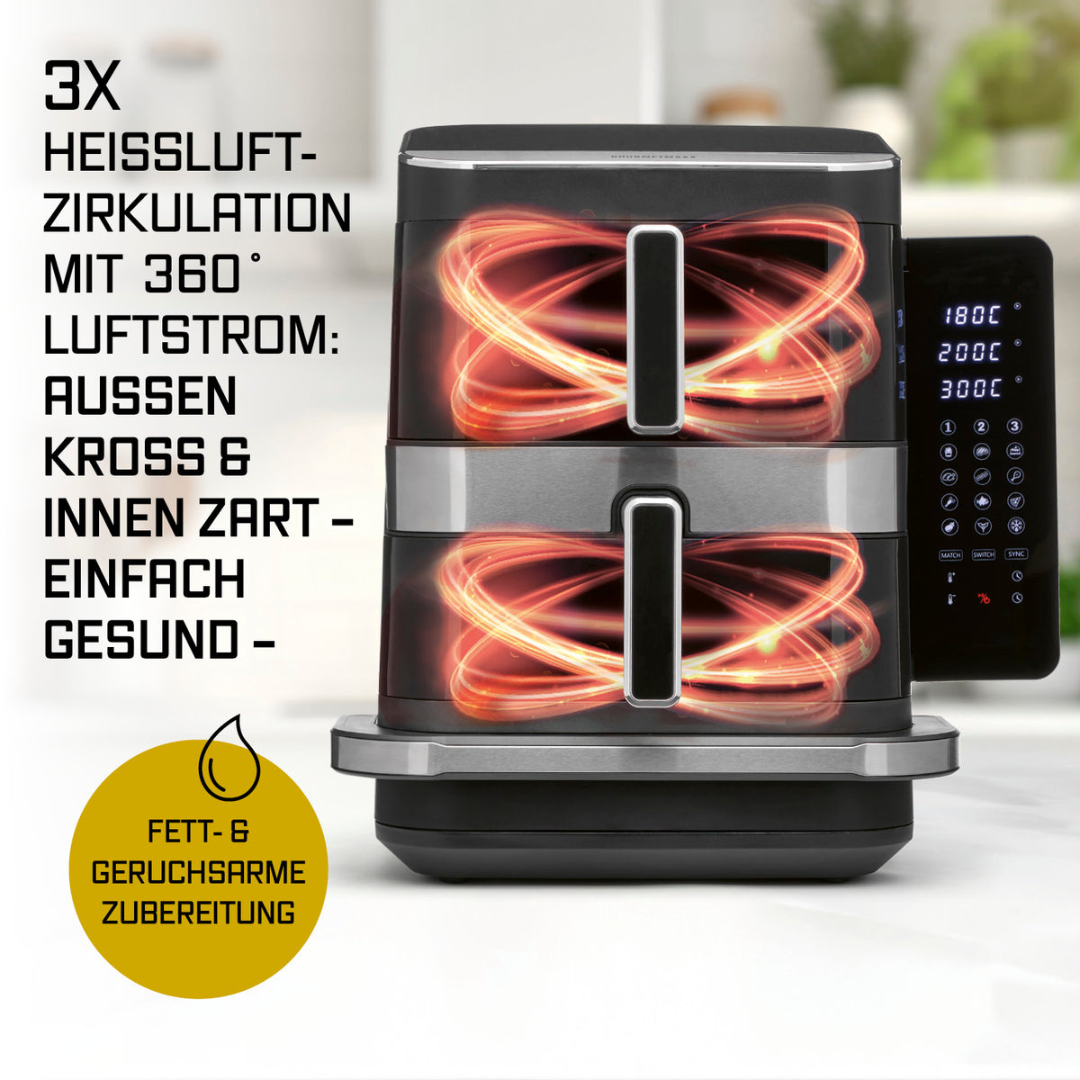 FryUp3 Vertikale 3-Kammer-Heißluftfritteuse - 13,4 l - inkl. HighHeat-Ofenschublade mit 360° Heißluftzirkulation für fettarme und gesunde Zubereitung.