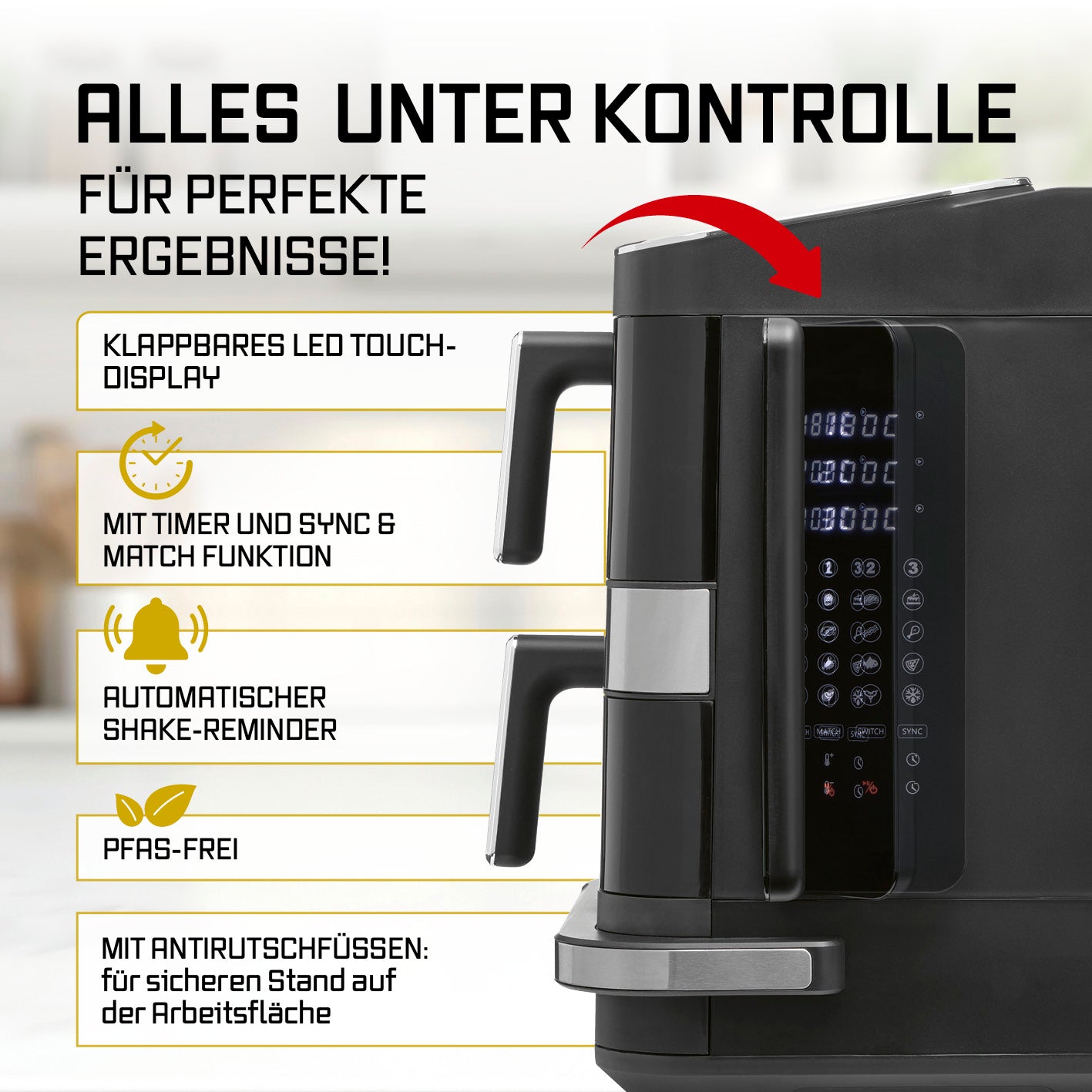 FryUp3 Vertikale 3-Kammer-Heißluftfritteuse - 13,4 l - inkl. HighHeat-Ofenschublade mit klappbarem LED-Touchdisplay und praktischen Timerfunktionen.