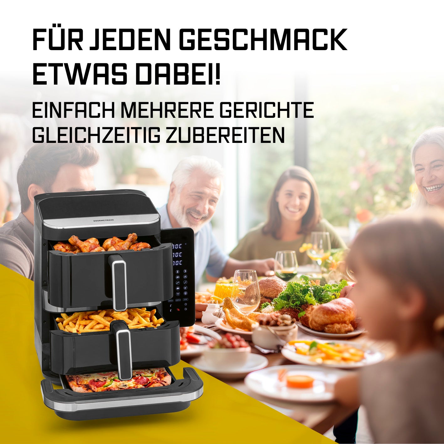 FryUp3 Vertikale 3-Kammer-Heißluftfritteuse - 13,4 l - inkl. HighHeat-Ofenschublade zum gleichzeitigen Zubereiten verschiedener Gerichte.