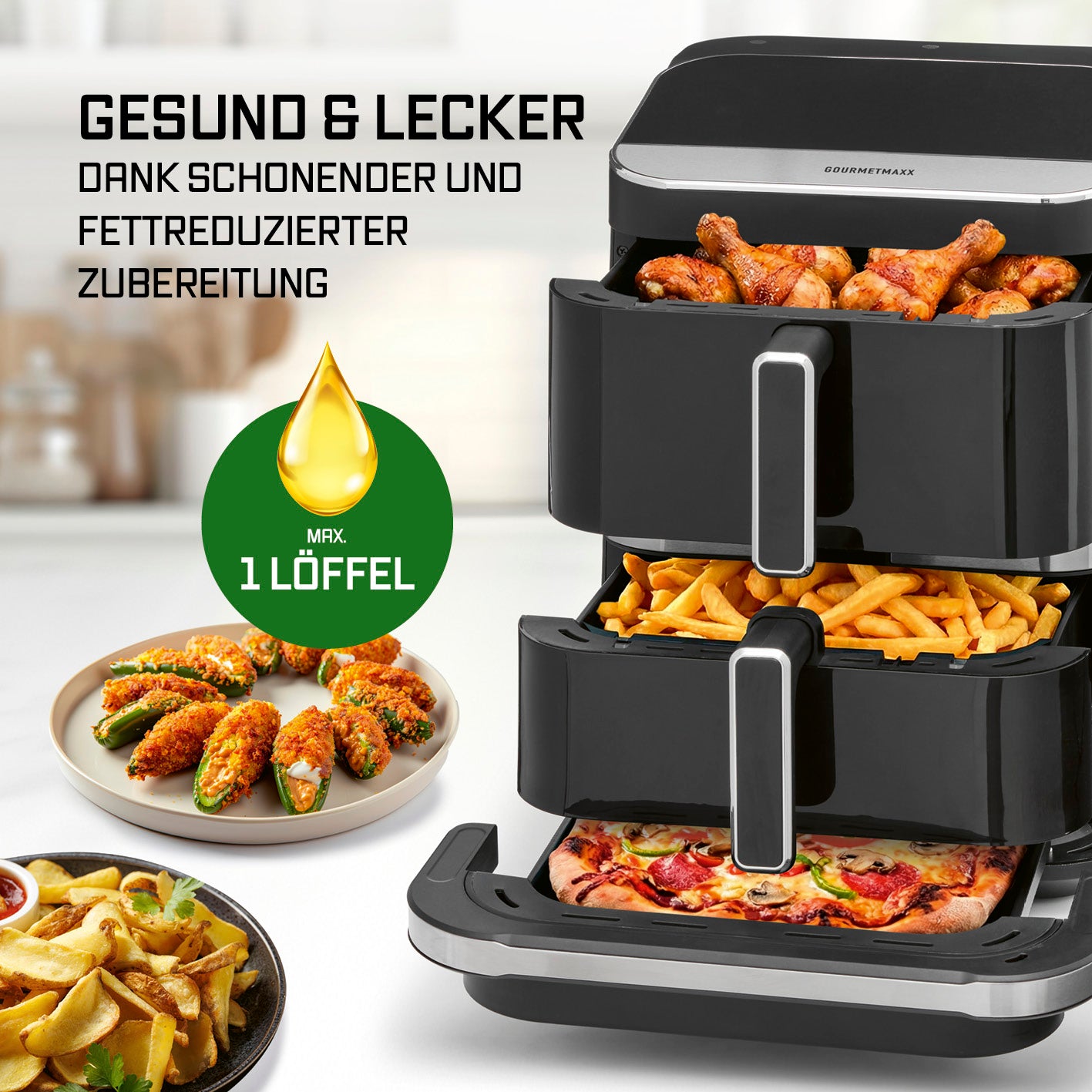 FryUp3 Vertikale 3-Kammer-Heißluftfritteuse - 13,4 l - inkl. HighHeat-Ofenschublade zeigt drei gefüllte getrennte Kammern mit gesunder fettarmer Zubereitung.