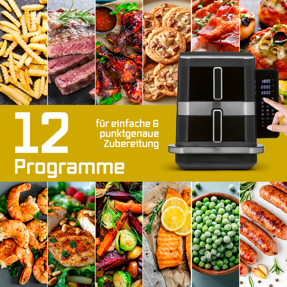 FryUp3 Vertikale 3-Kammer-Heißluftfritteuse - 13,4 l - inkl. HighHeat-Ofenschublade mit 12 Programmen für vielseitige und präzise Zubereitung verschiedener Speisen.
