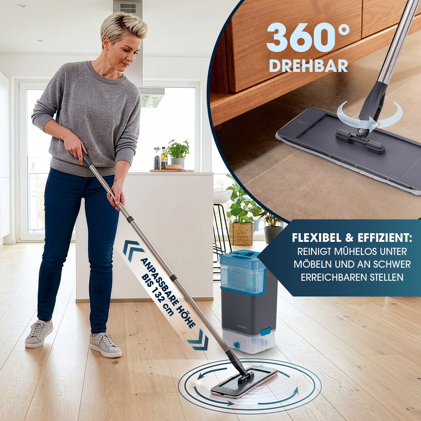 Komfort-Mopp DuoTank - grau-blau + Ersatz-Wischpad 2er-Set