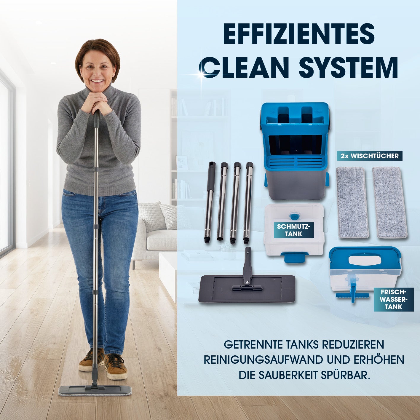 Komfort-Mopp DuoTank - grau-blau + Ersatz-Wischpad 2er-Set