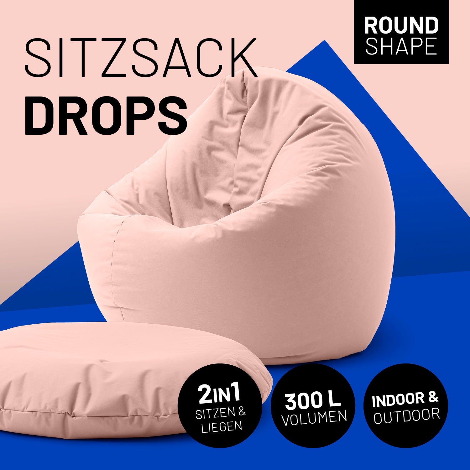 Sitzsack Drops (300 L) - indoor & outdoor - Pastellpink in runder Form, 2in1 zum Sitzen und Liegen, mit 300 Liter Volumen.