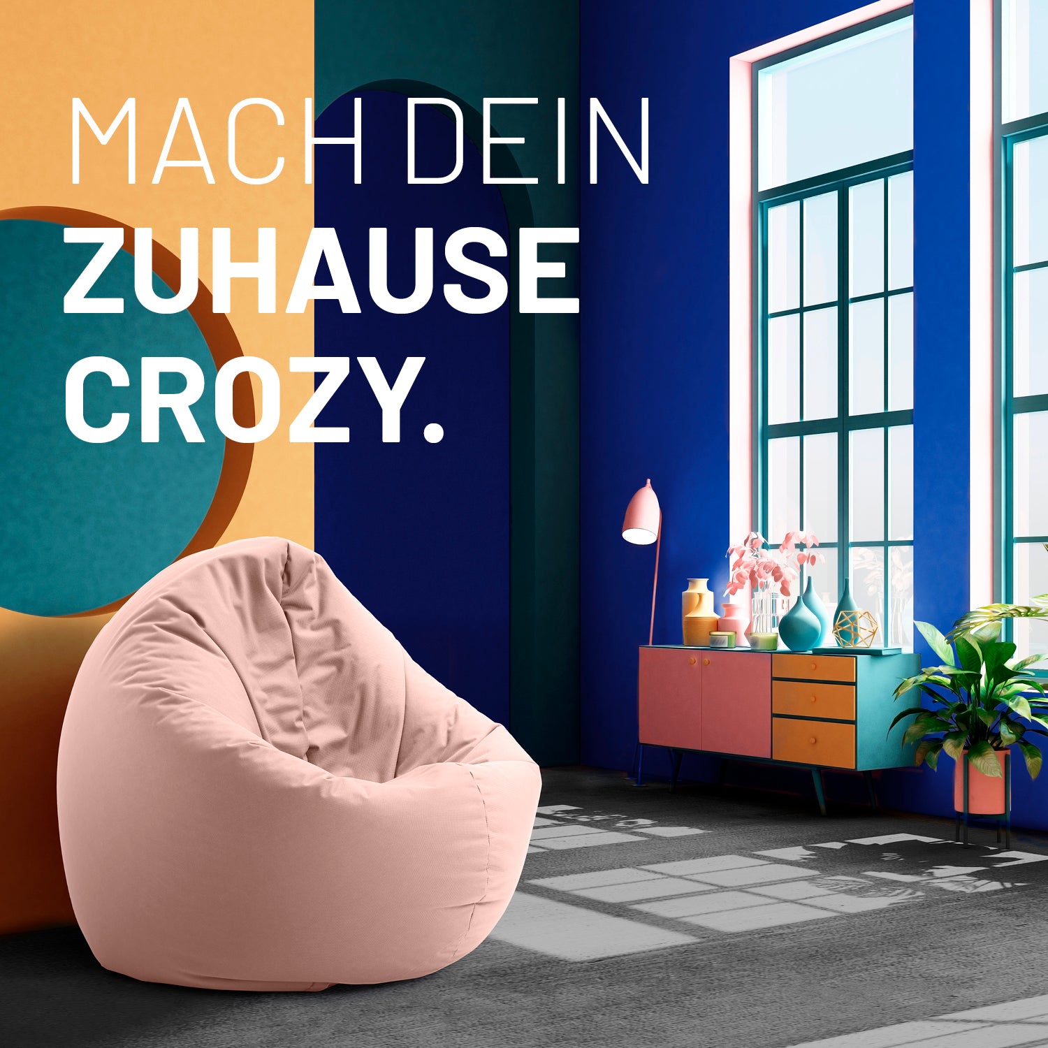 Sitzsack Drops (300 L) - indoor & outdoor - Pastellpink in modernem Raum mit bunten Wänden und großer Fensterfront