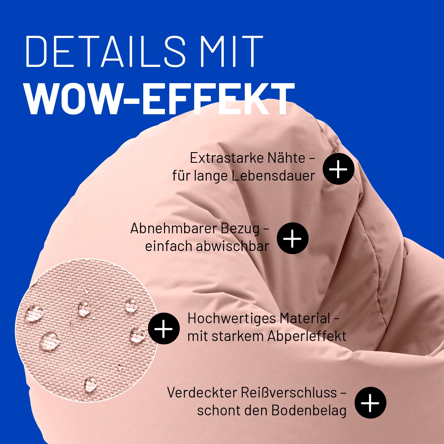 Sitzsack Drops (300 L) - indoor & outdoor - Pastellpink mit extra starken Nähten, abnehmbarem Bezug und wasserabweisendem Material.