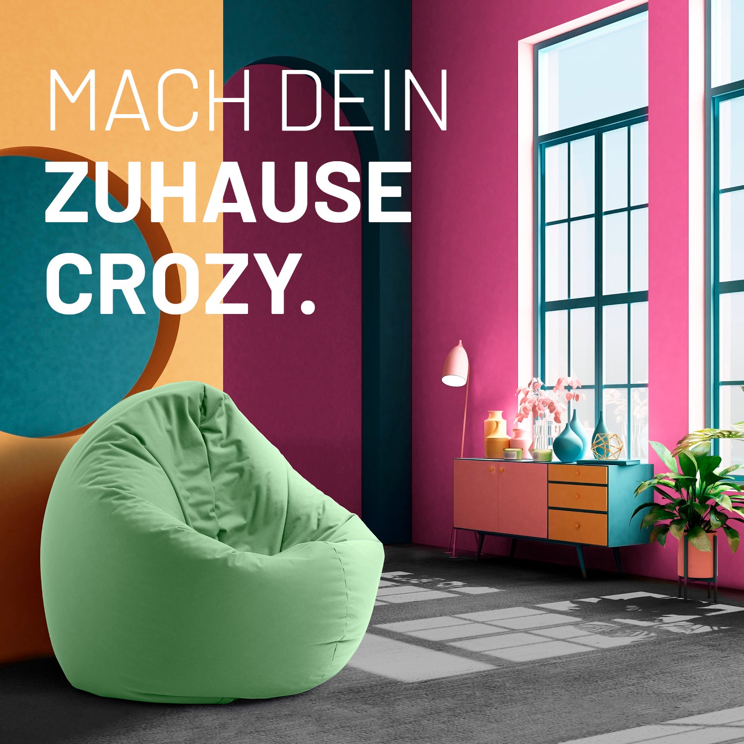 Sitzsack Drops (300 L) - indoor & outdoor - Pastellgrün in modernem Raum mit bunter Wand und viel Tageslicht.