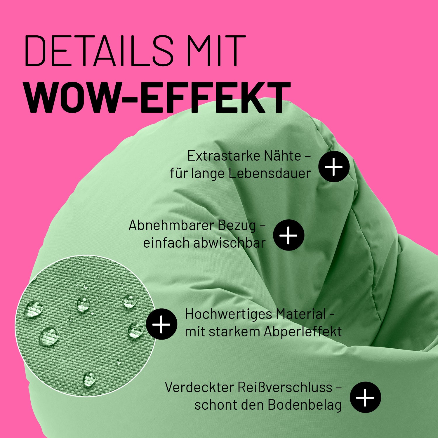 Sitzsack Drops (300 L) - indoor & outdoor - Pastellgrün mit abnehmbarem, wasserabweisendem Bezug und verstärkten Nähten für lange Lebensdauer.