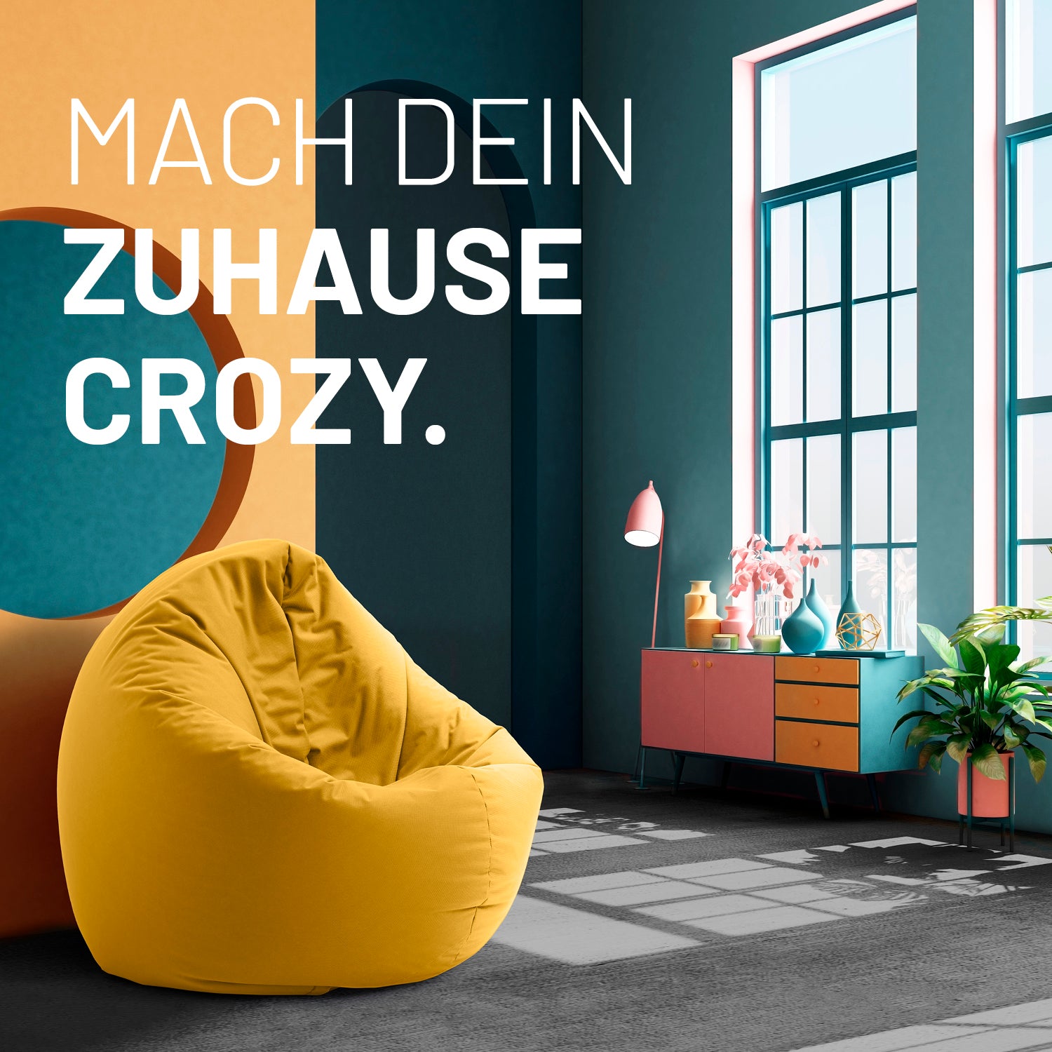 Sitzsack Drops (300 L) - indoor & outdoor - Senfgelb als bequemer Sitzsack in modernem, hellem Wohnraum mit großen Fenstern.