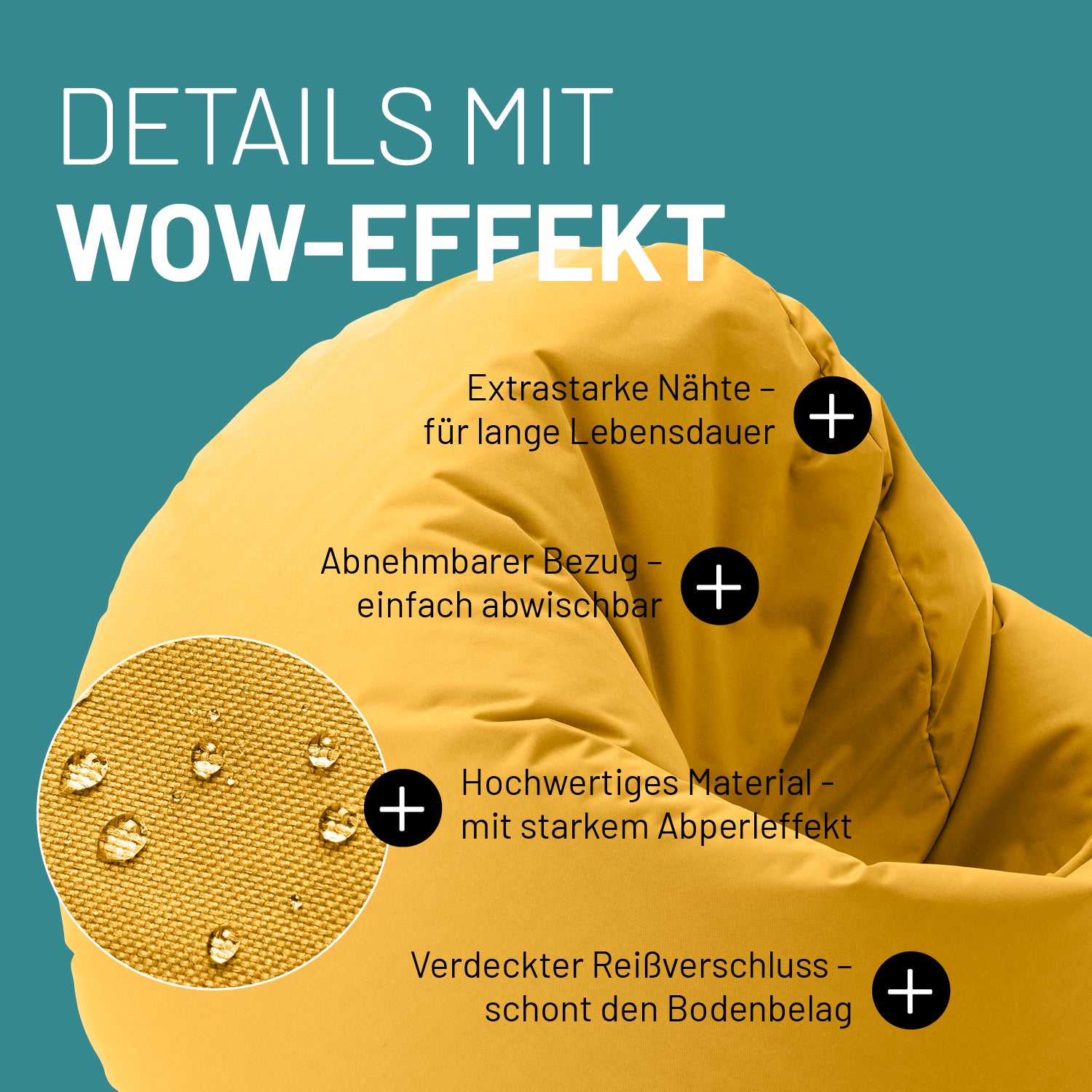 Sitzsack Drops (300 L) - indoor & outdoor - Senfgelb mit abnehmbarem, abwischbarem Bezug und wasserabweisendem Material.