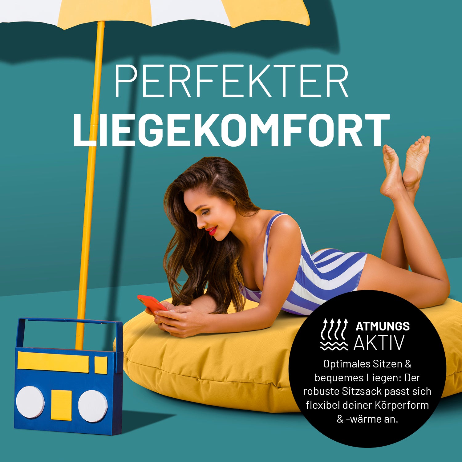 Frau entspannt auf Sitzsack Drops (300 L) - indoor & outdoor - Senfgelb unter Sonnenschirm mit Radio, perfekt für Liegekomfort.