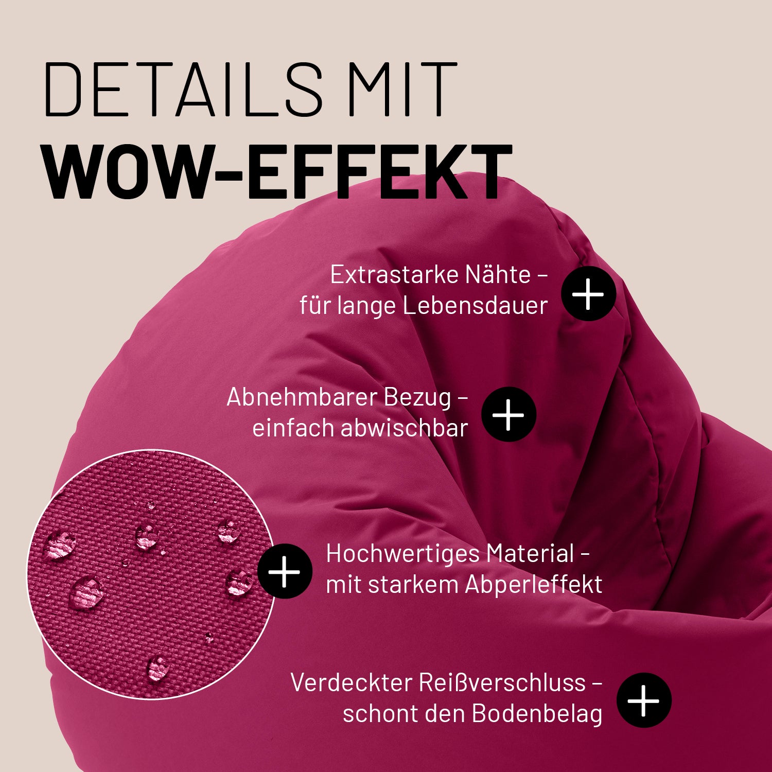 Sitzsack Drops (300 L) - indoor & outdoor - Weinrot mit abnehmbarem Bezug, wasserabweisendem Material und extra starken Nähten