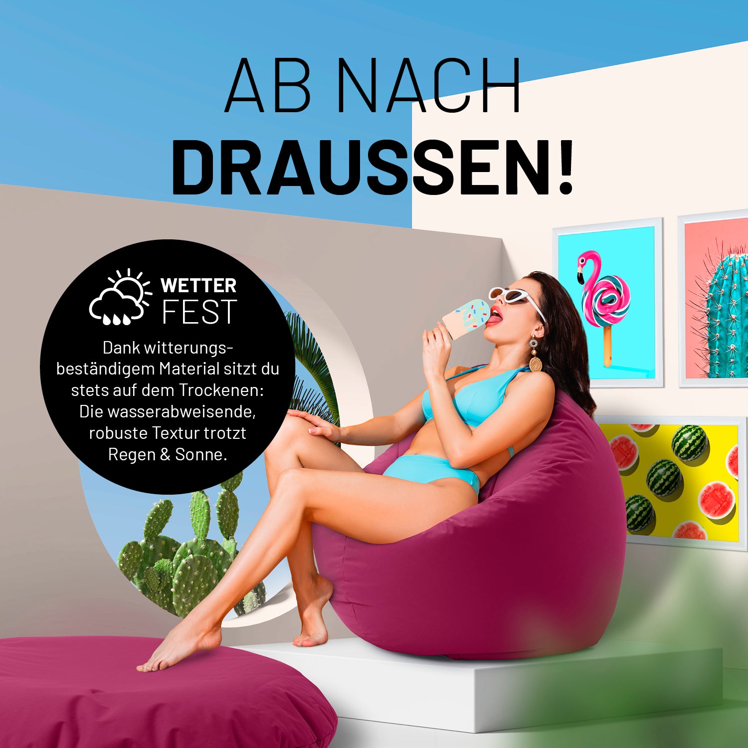 Frau entspannt auf Sitzsack Drops (300 L) - indoor & outdoor - Weinrot, wetterfest und wasserabweisend, ideal für drinnen und draußen.