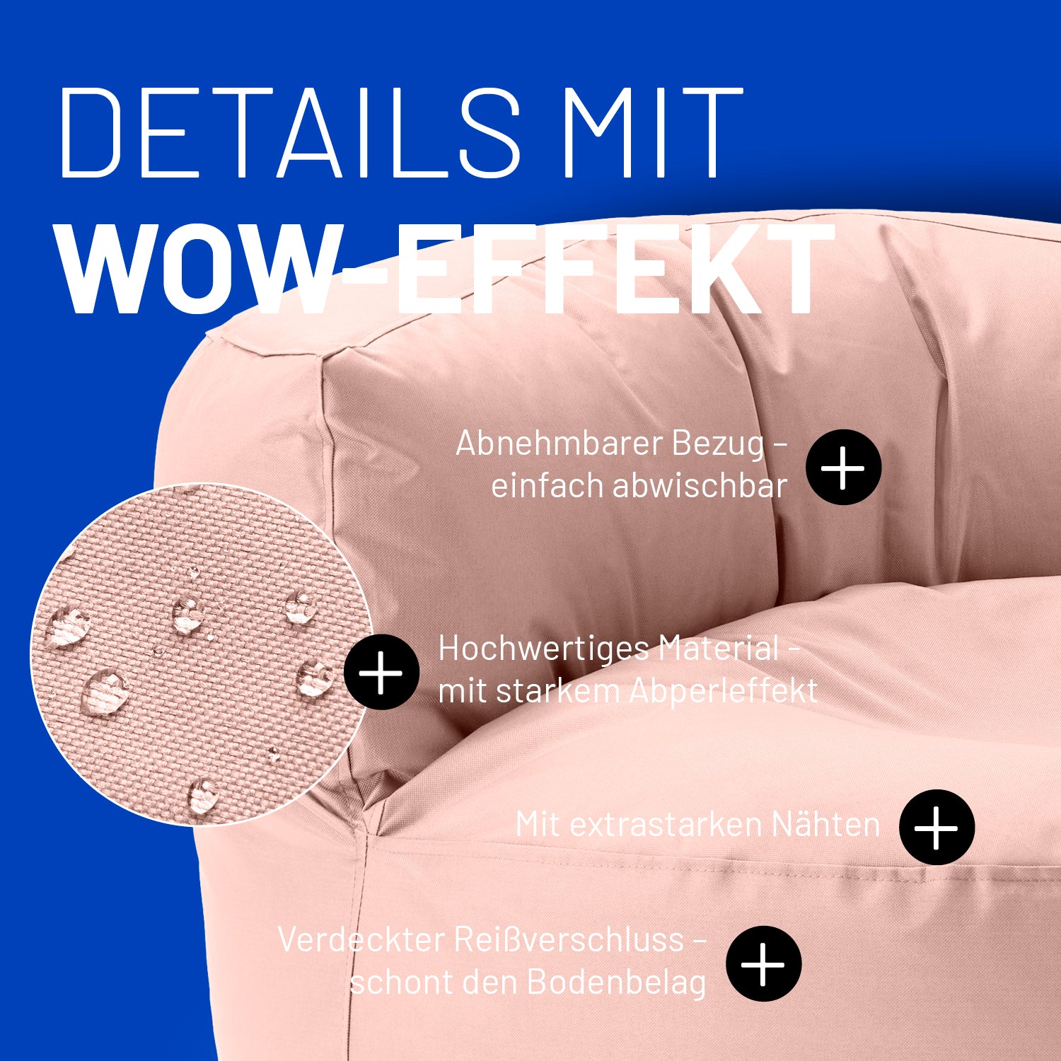 Sitzsack Lounge (320 L) - indoor & outdoor - Pastell Pink mit abnehmbarem Bezug, wasserabweisendem Material und extrastarken Nähten.