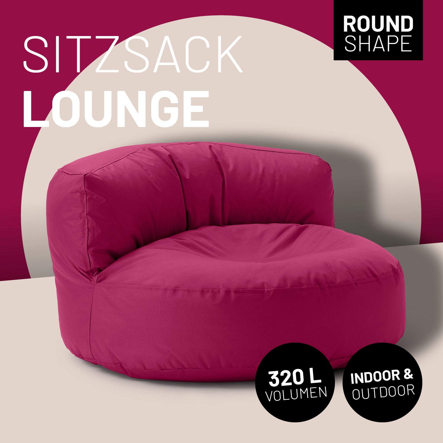 Sitzsack Lounge (320 L) - indoor & outdoor - Weinrot in runder Form, bequeme Sitzgelegenheit für drinnen und draußen.