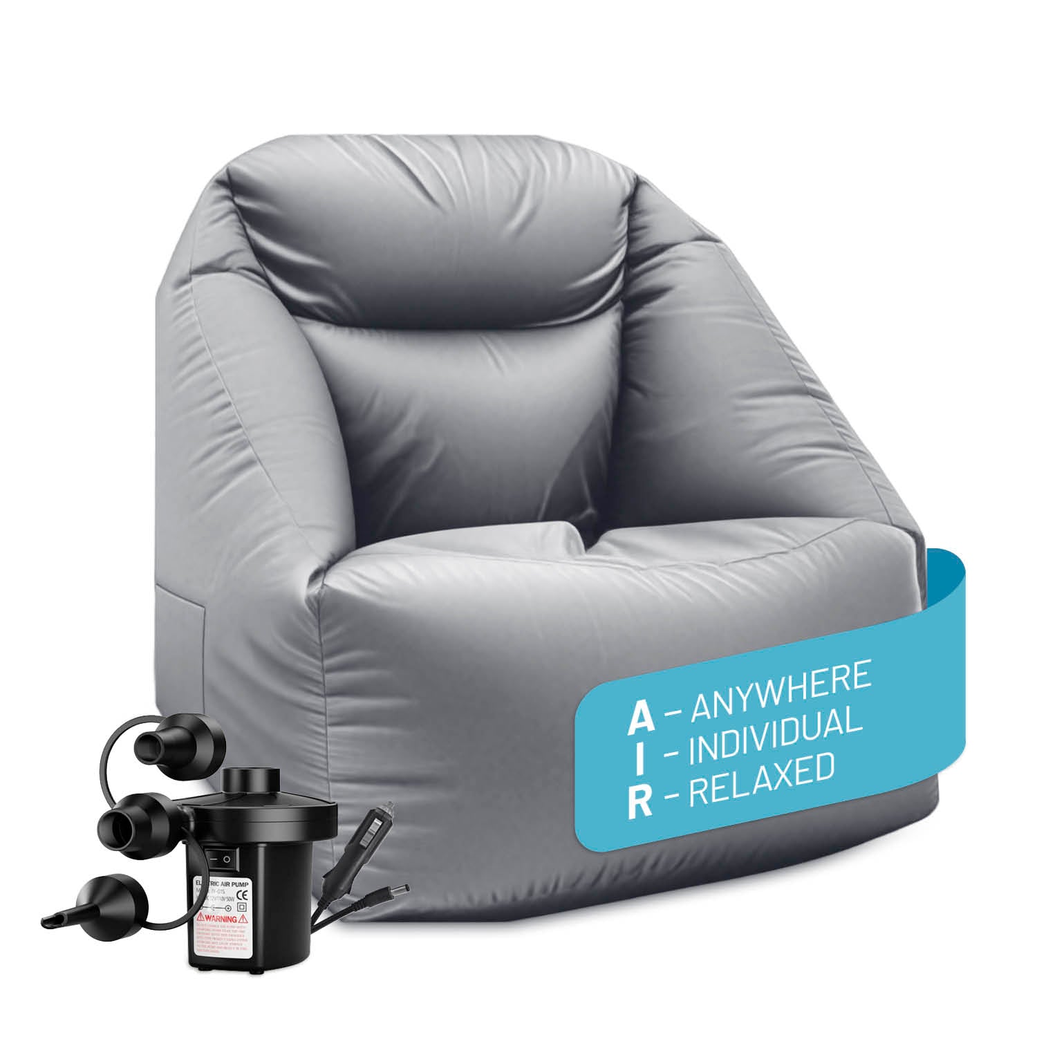 CrozyAir Luftsessel inkl. Luftpumpe 2GO - 87 x 95 x 80/35 cm - Grau mit elektrischem Gebläse für bequemen Sitzkomfort.
