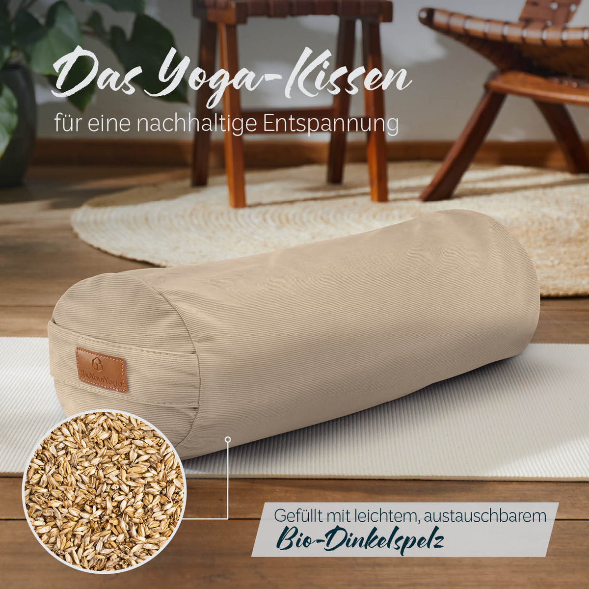 Yoga-Bolster Tarik - gefüllt mit Bio-Dinkelspelz - 68 x 22 x 22 cm - Creme