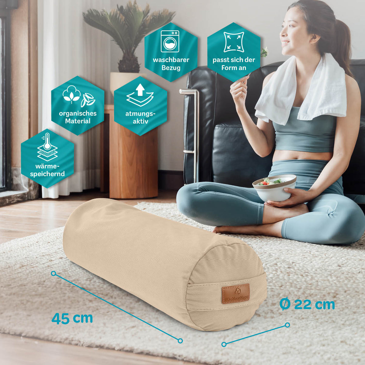 Yoga-Bolster Tarik - gefüllt mit Bio-Dinkelspelz - 68 x 22 x 22 cm - Creme