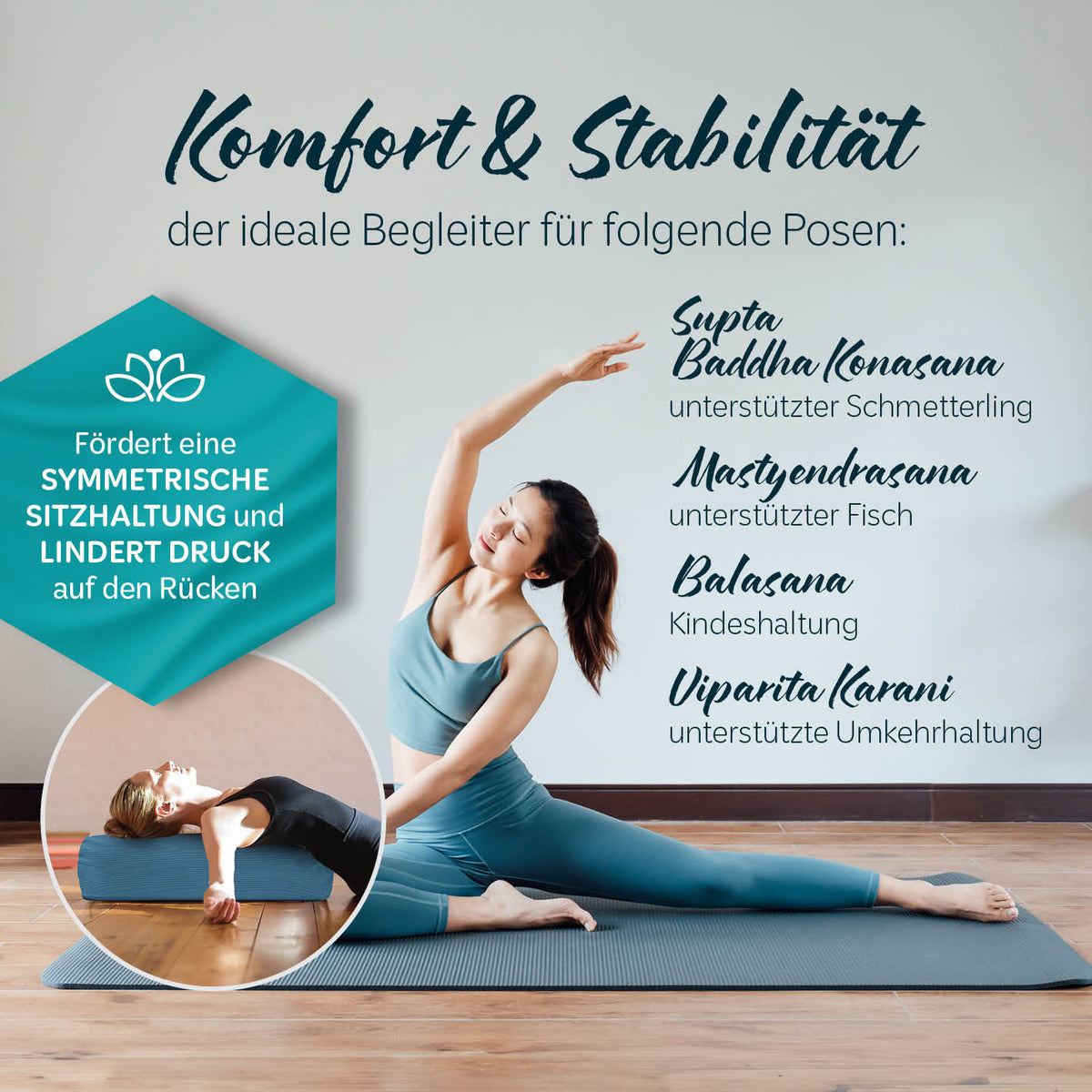 Yoga-Bolster Tarik - gefüllt mit Bio-Buchweizenschalen - 68 x 22 x 22 cm - Blaugrün